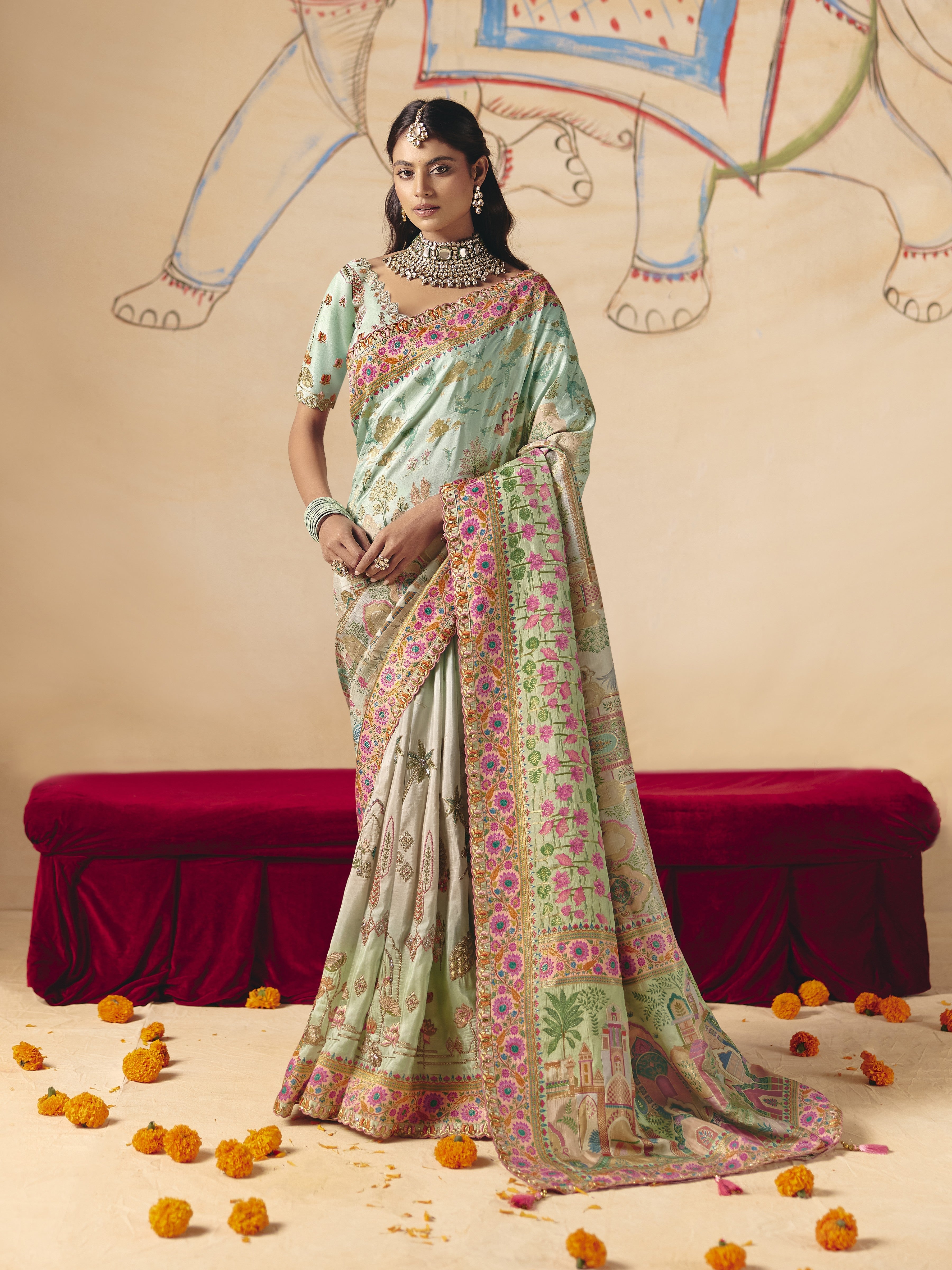 Mint Blue Embellished Dola Silk Saree