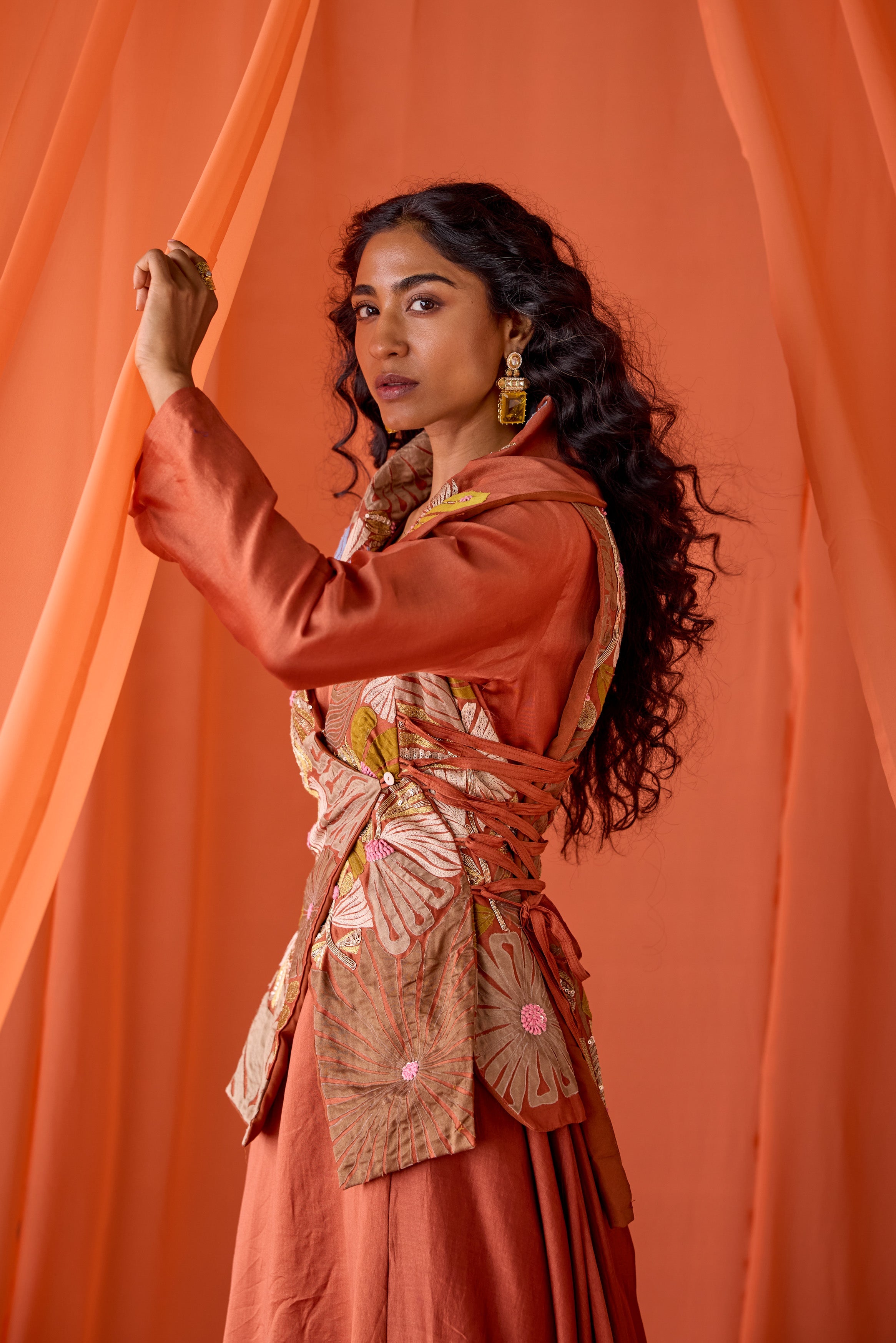 Rust Orange Embellished Raw Silk Tunic Set