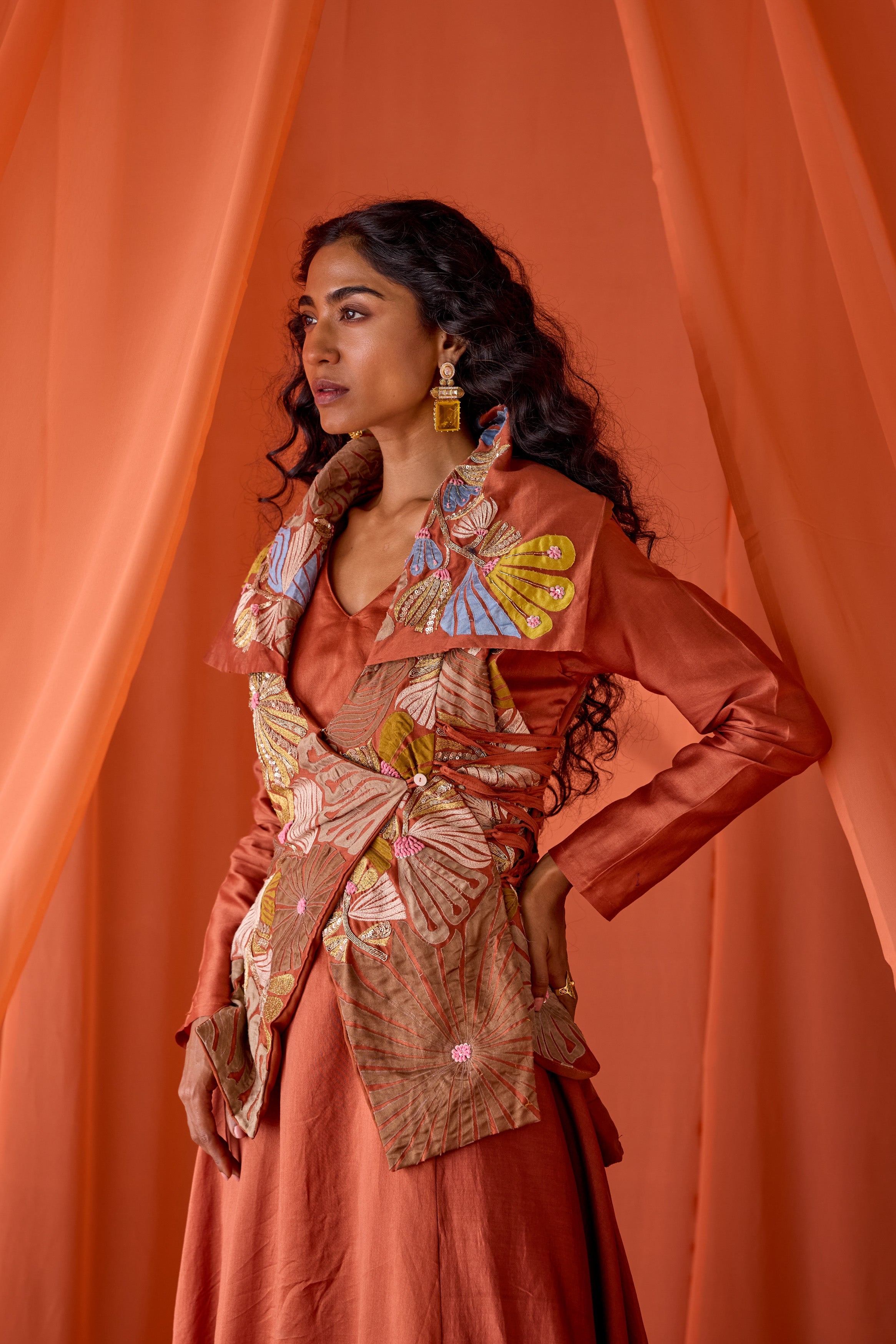 Rust Orange Embellished Raw Silk Tunic Set