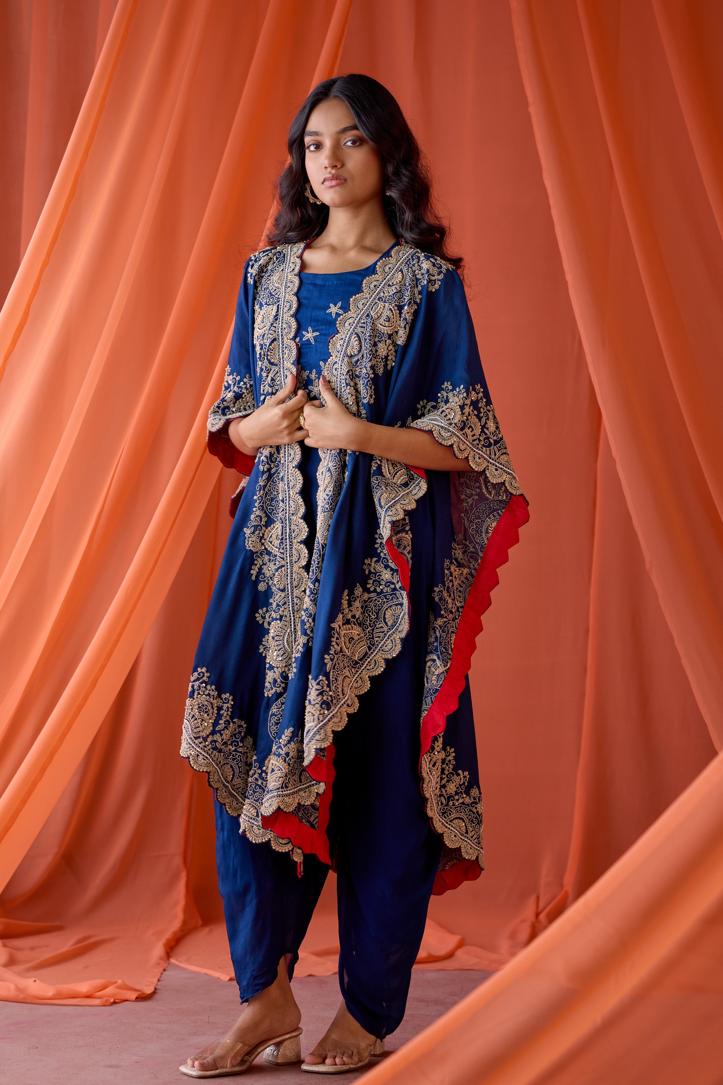 Blue Embellished Raw Silk Cape Set