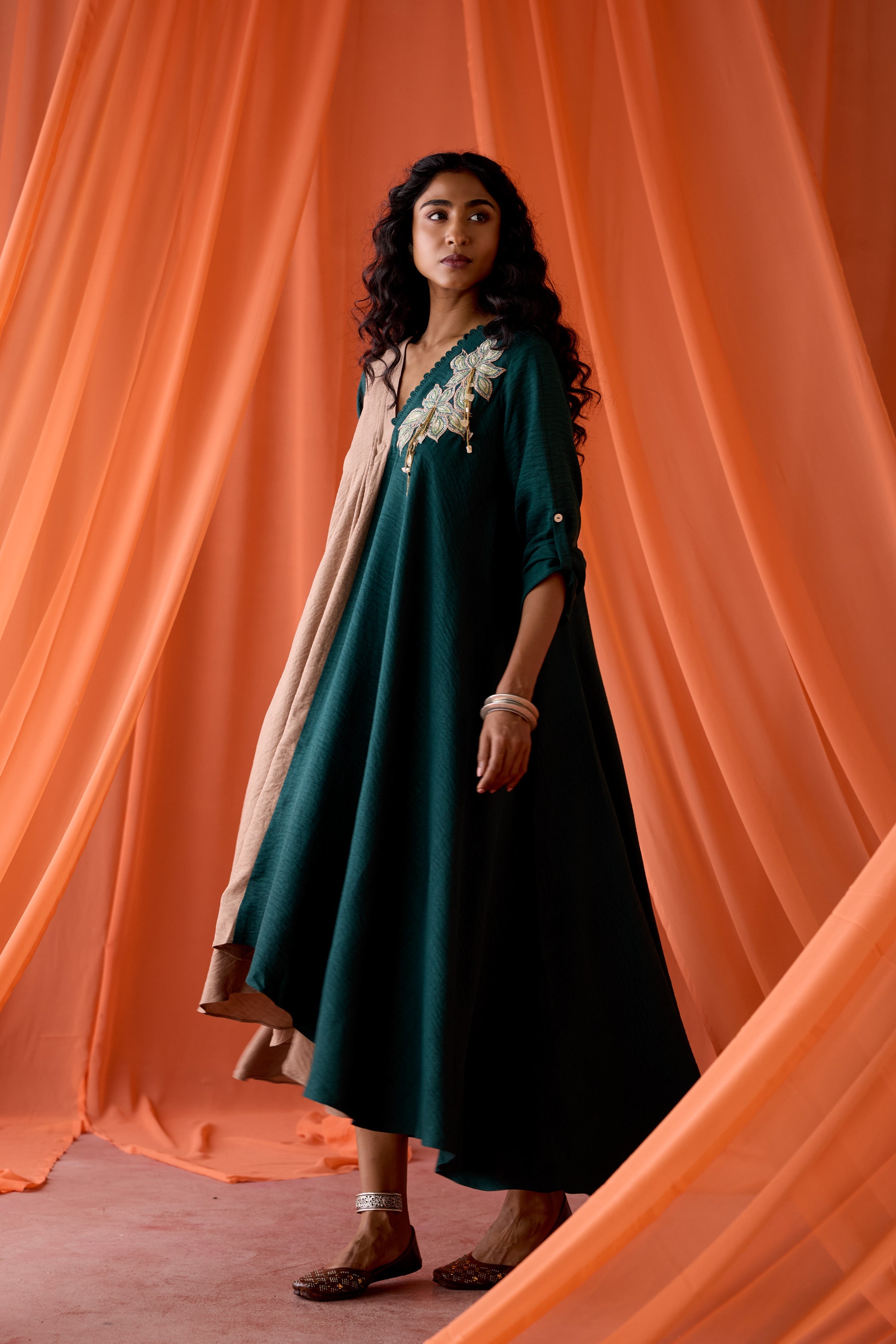 Pine Green Embellished Premium Silk Dress