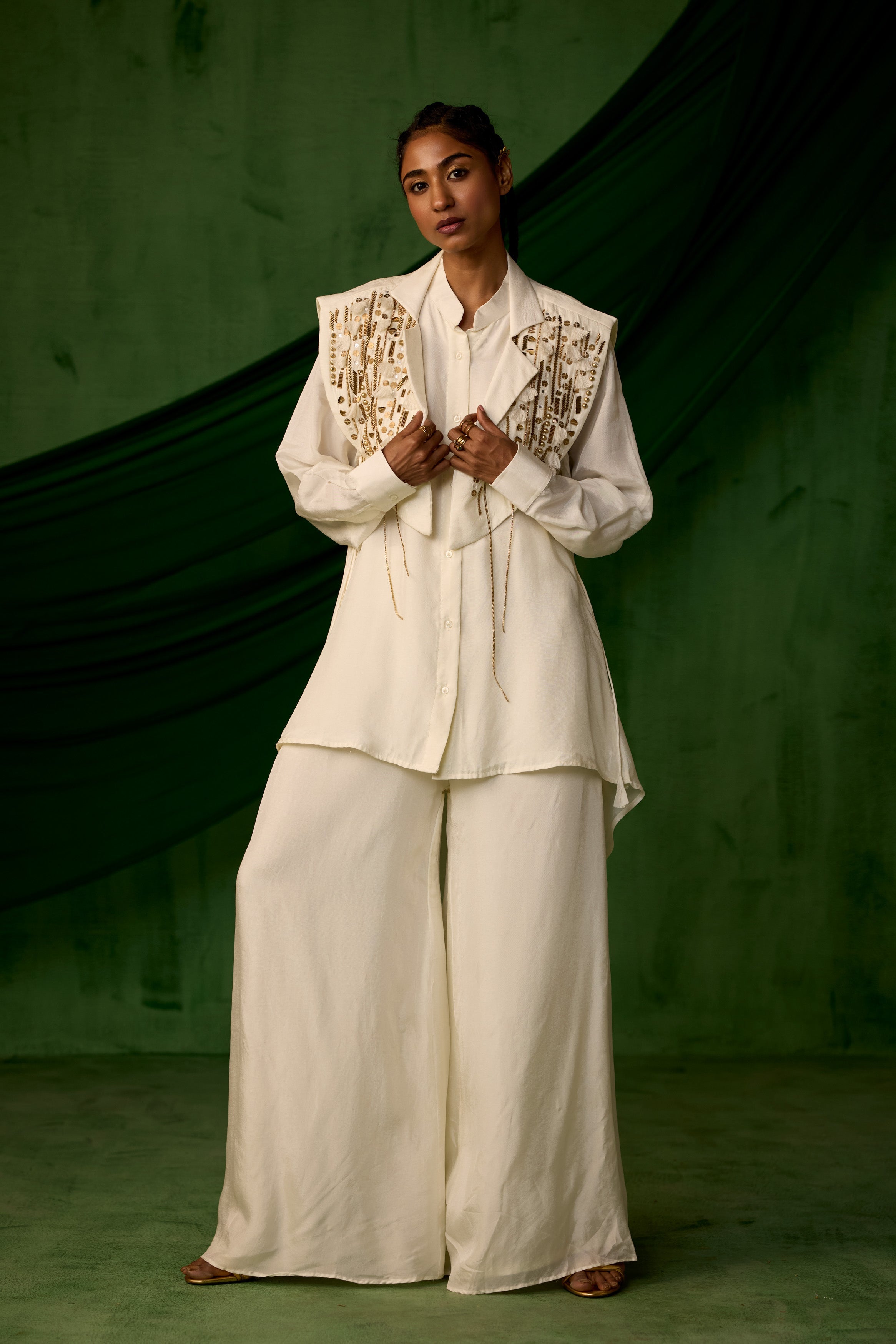 Classic White Embellished Chinon Silk Co-Ord Set