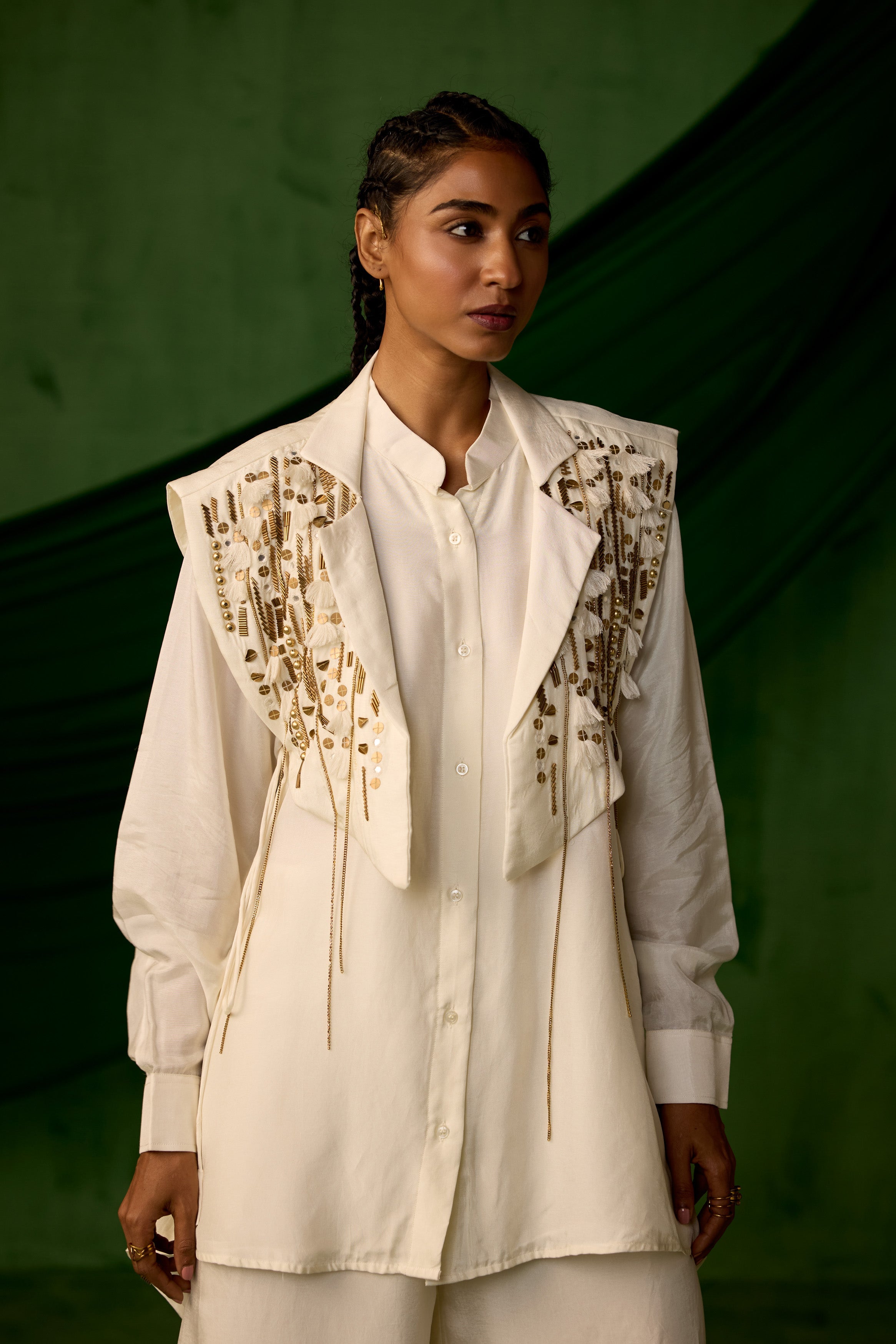 Classic White Embellished Chinon Silk Co-Ord Set