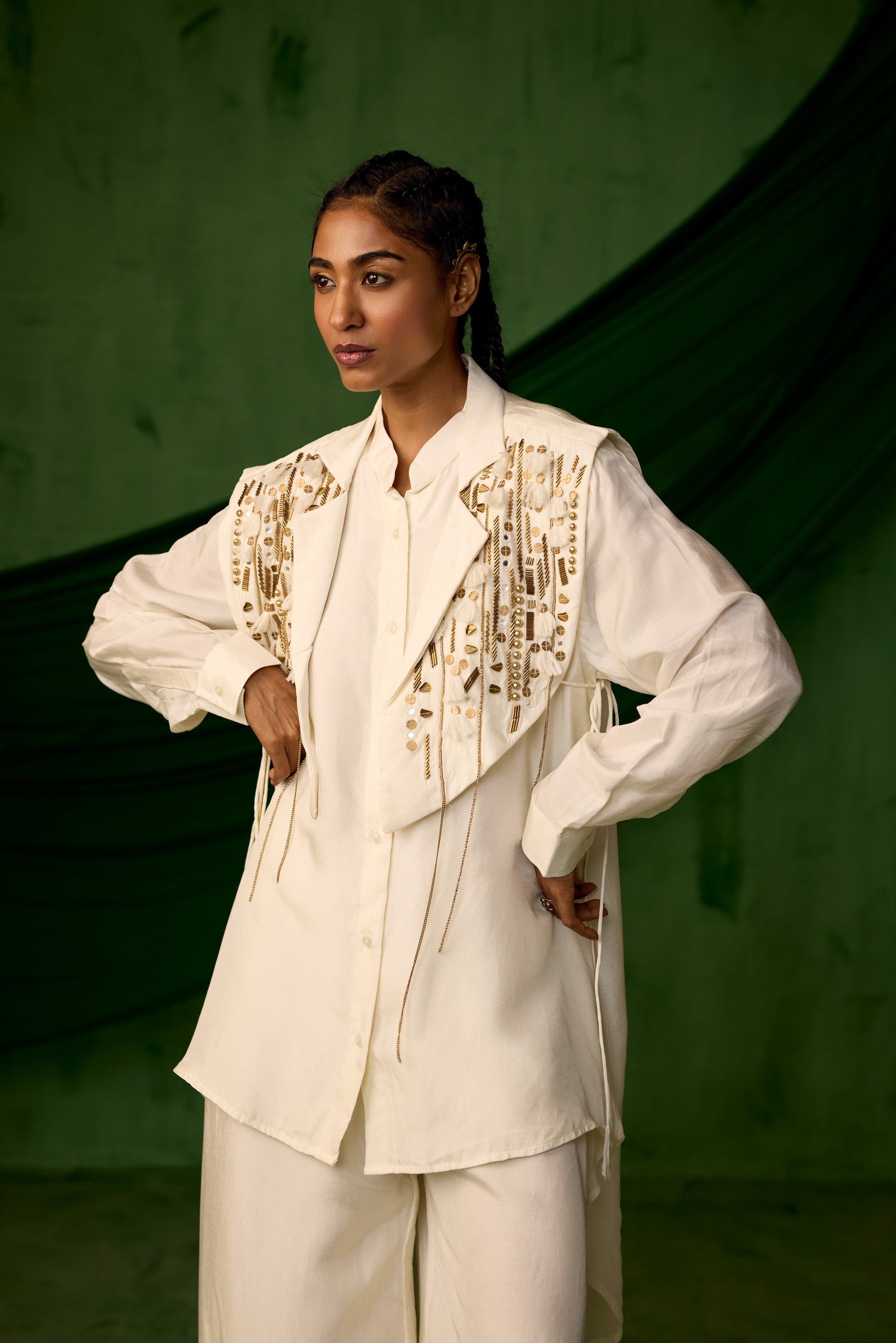 Classic White Embellished Chinon Silk Co-Ord Set