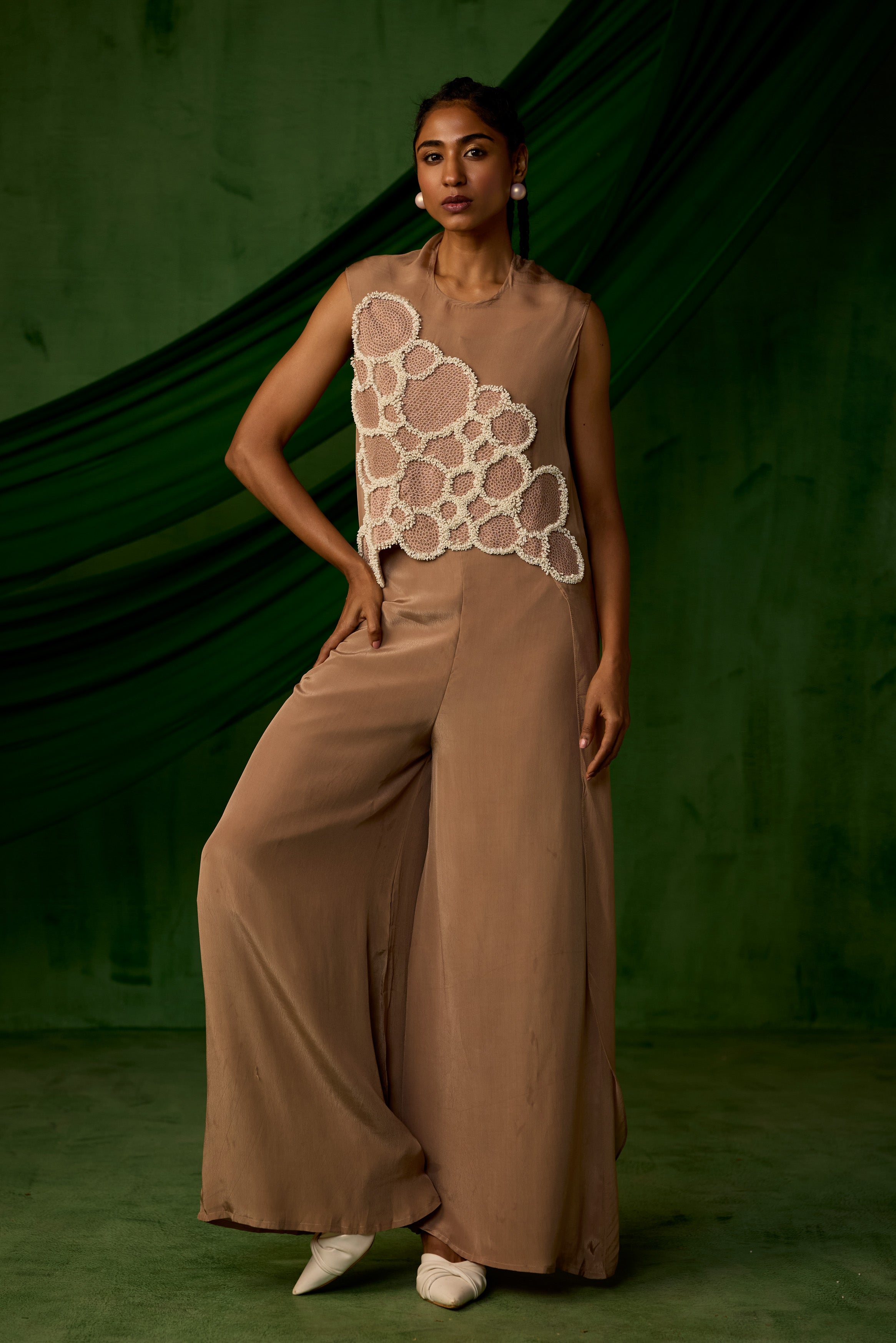 Soft Brown Embellished Premium Crepe Silk Co-Ord Set