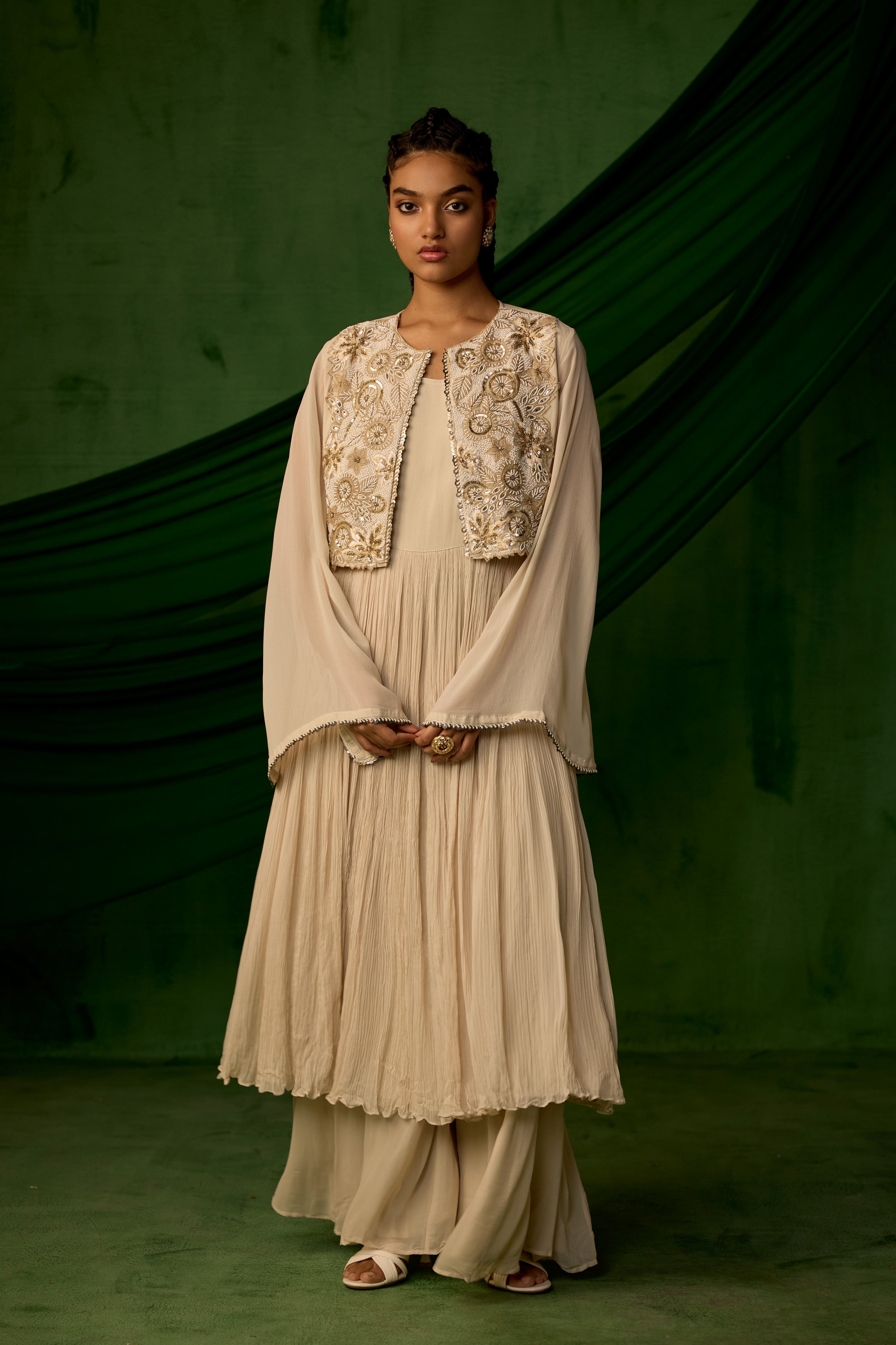 Beige Embellished Georgette Silk Sharara Set