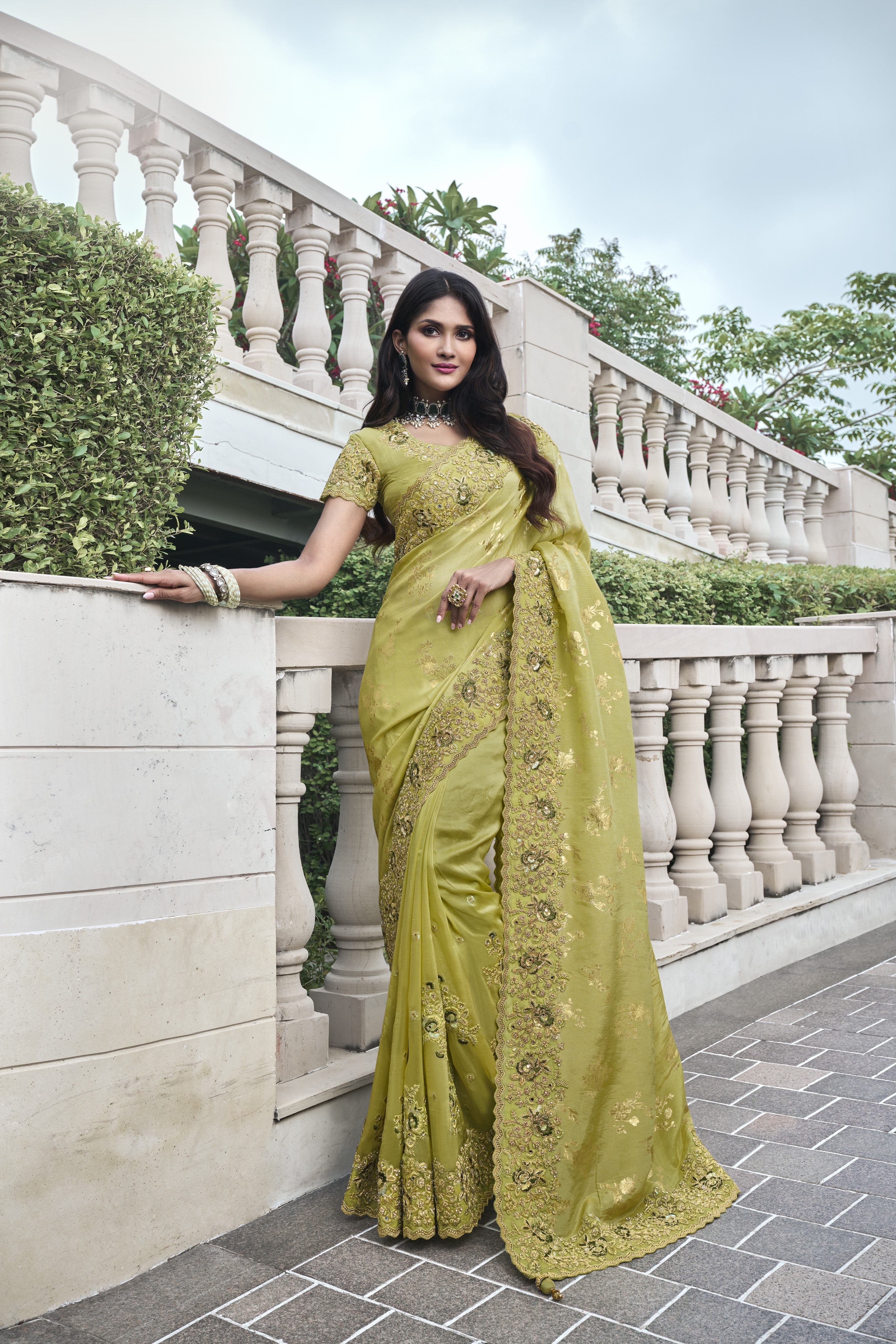 Light Green Embroidered Tissue Silk Saree