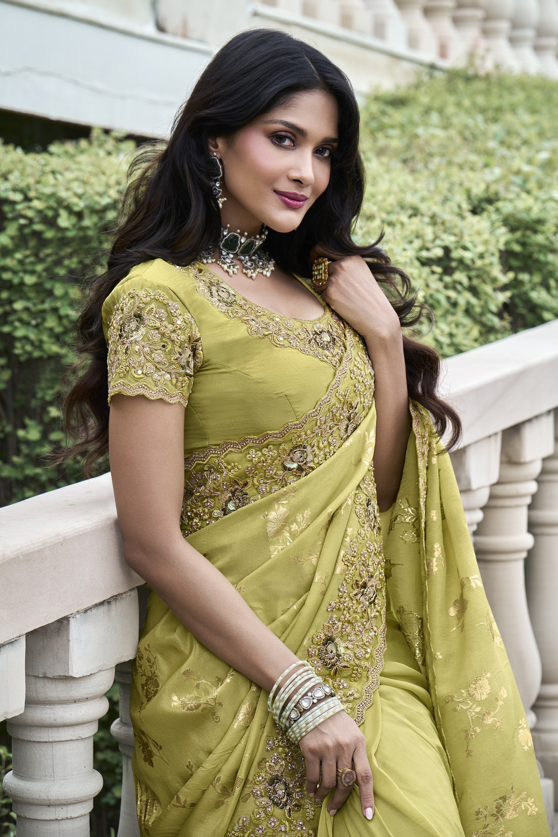 Light Green Embroidered Tissue Silk Saree