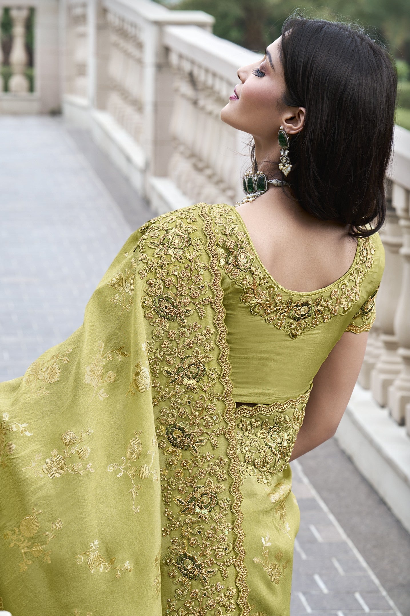 Light Green Embroidered Tissue Silk Saree