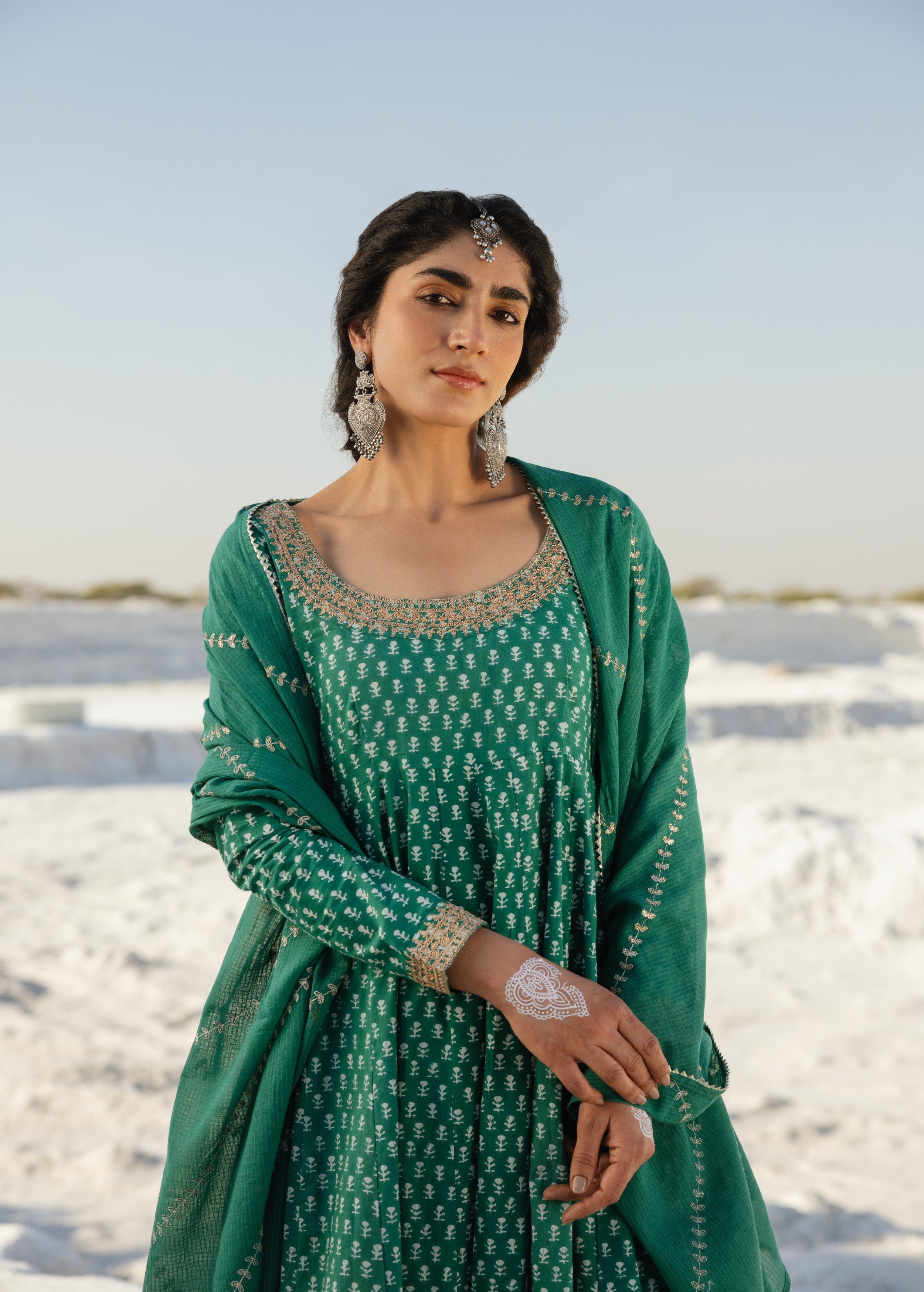 Emerald Green Embellished Organic Cotton Anarkali Set