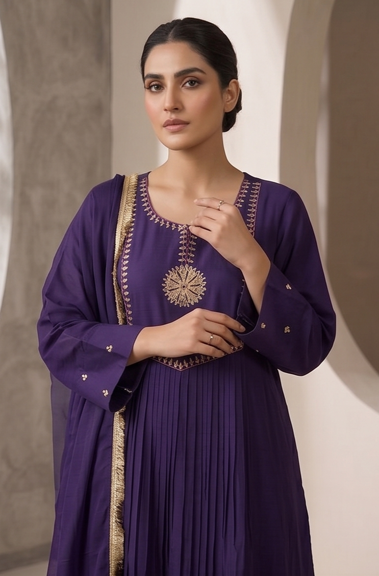 Deep Purple Embroidered Suit Set