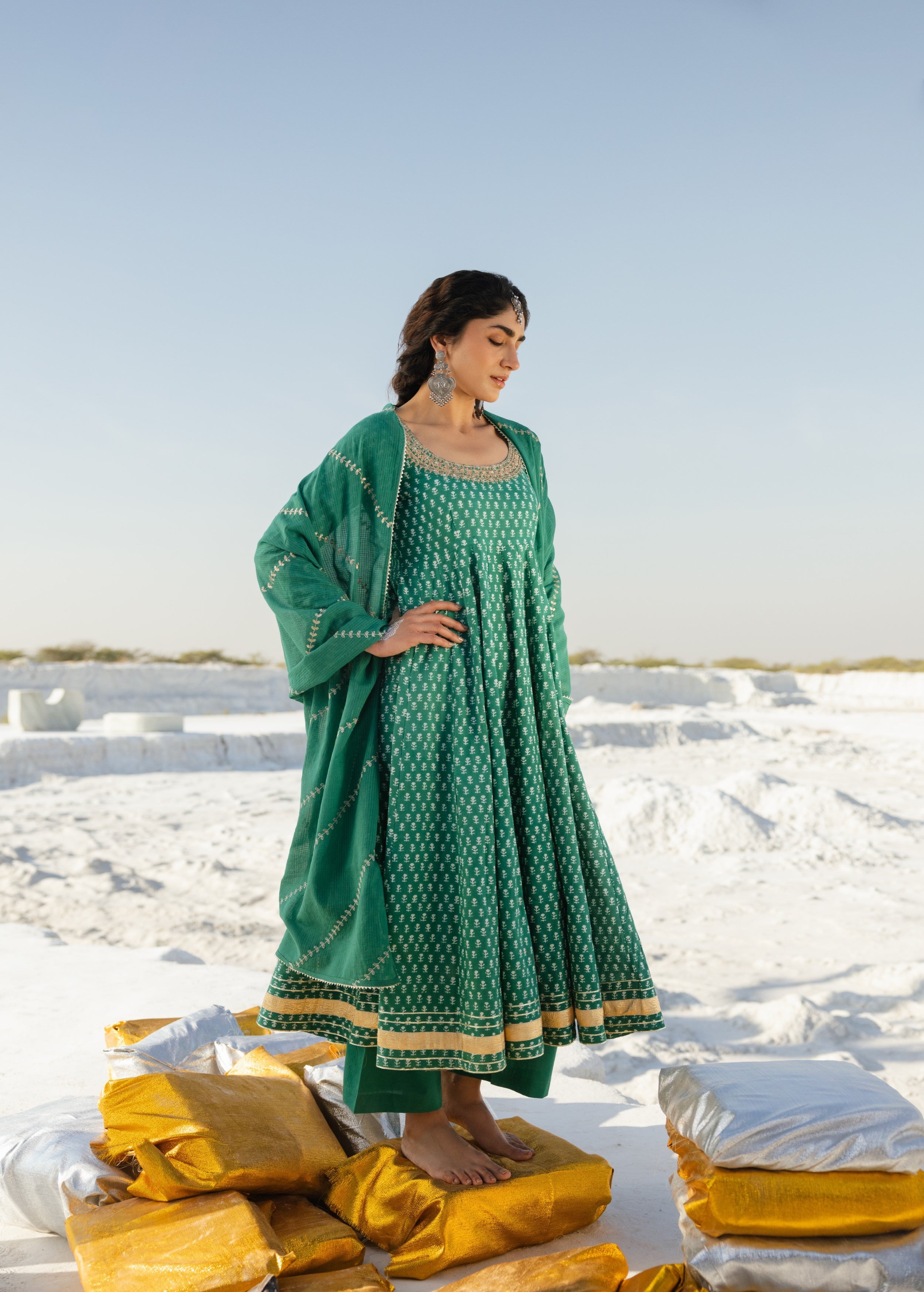Emerald Green Embellished Organic Cotton Anarkali Set