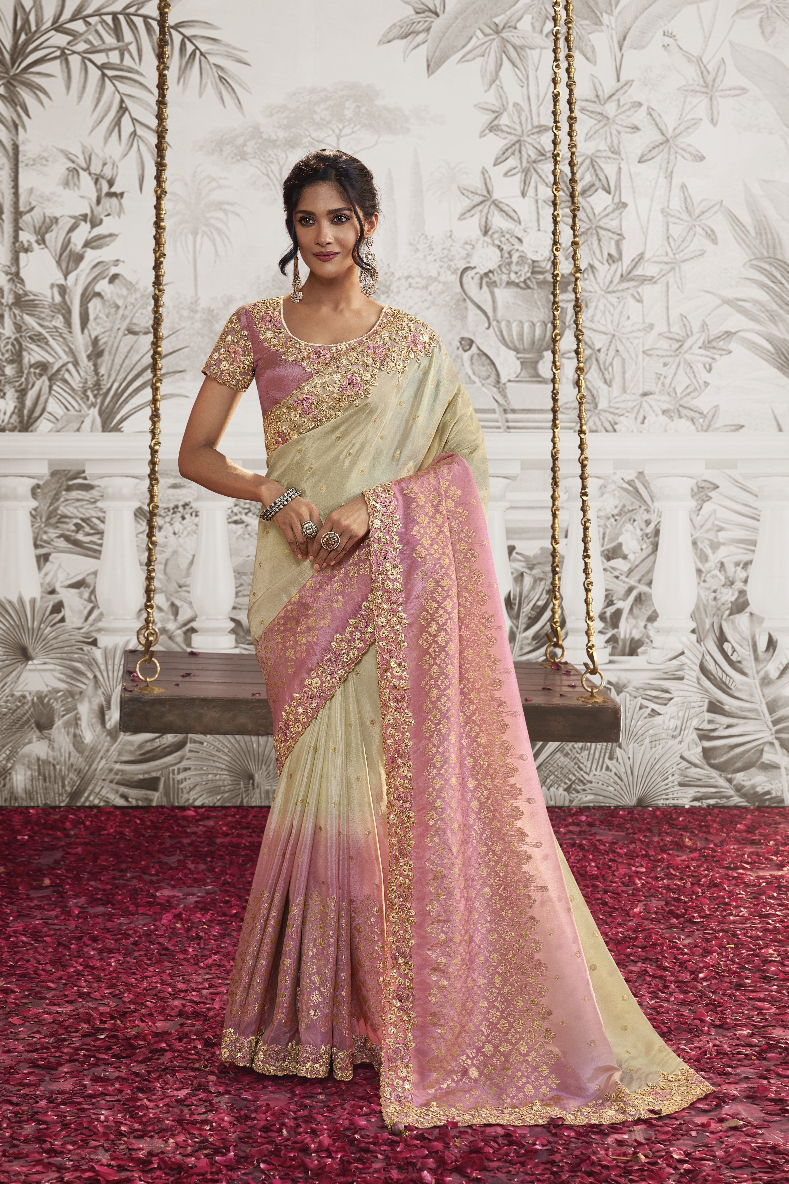 Pink Ombre-Dyed Embroidered Saree