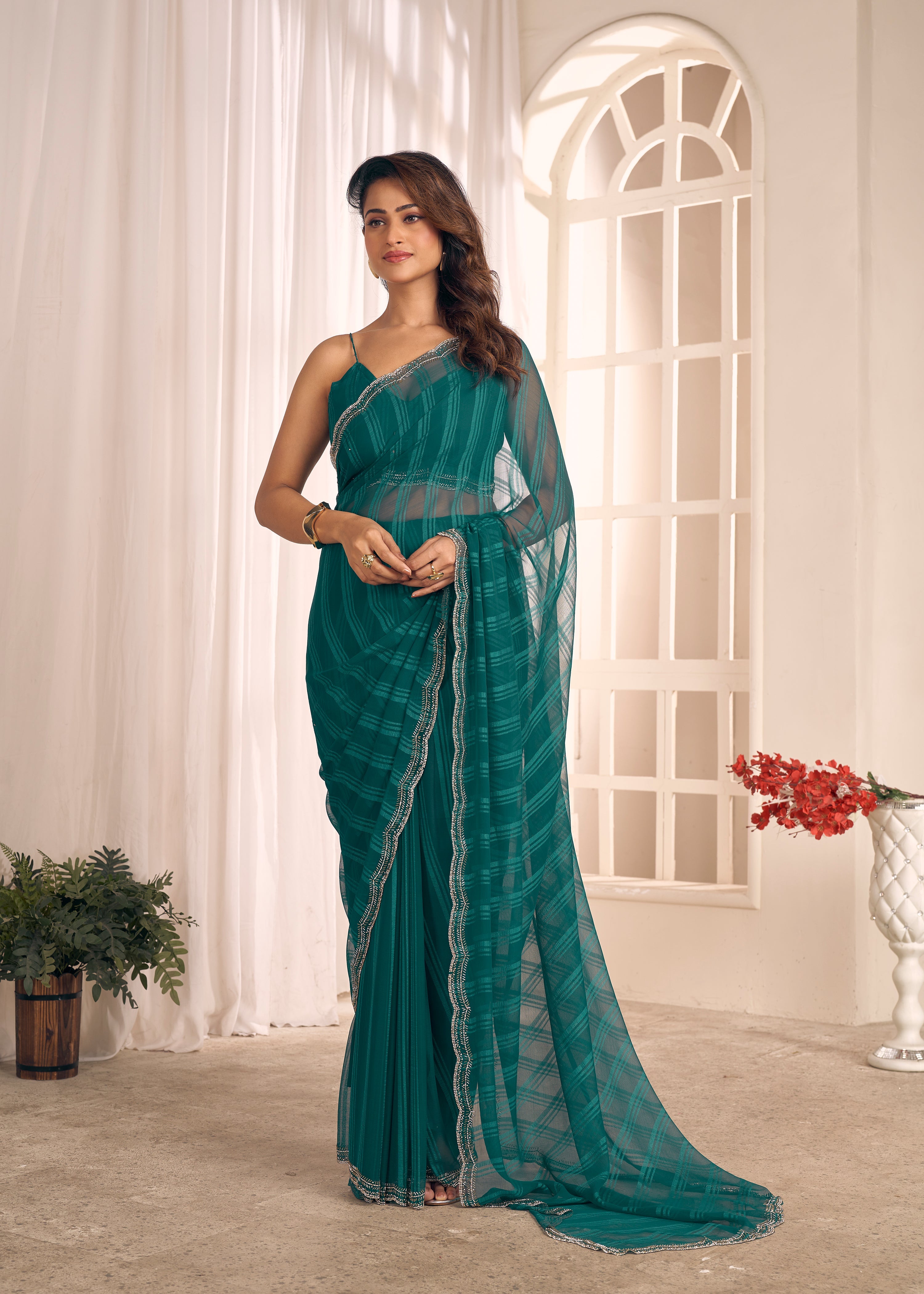 Teal Green Shimmer Embellished Premium Silk Saree
