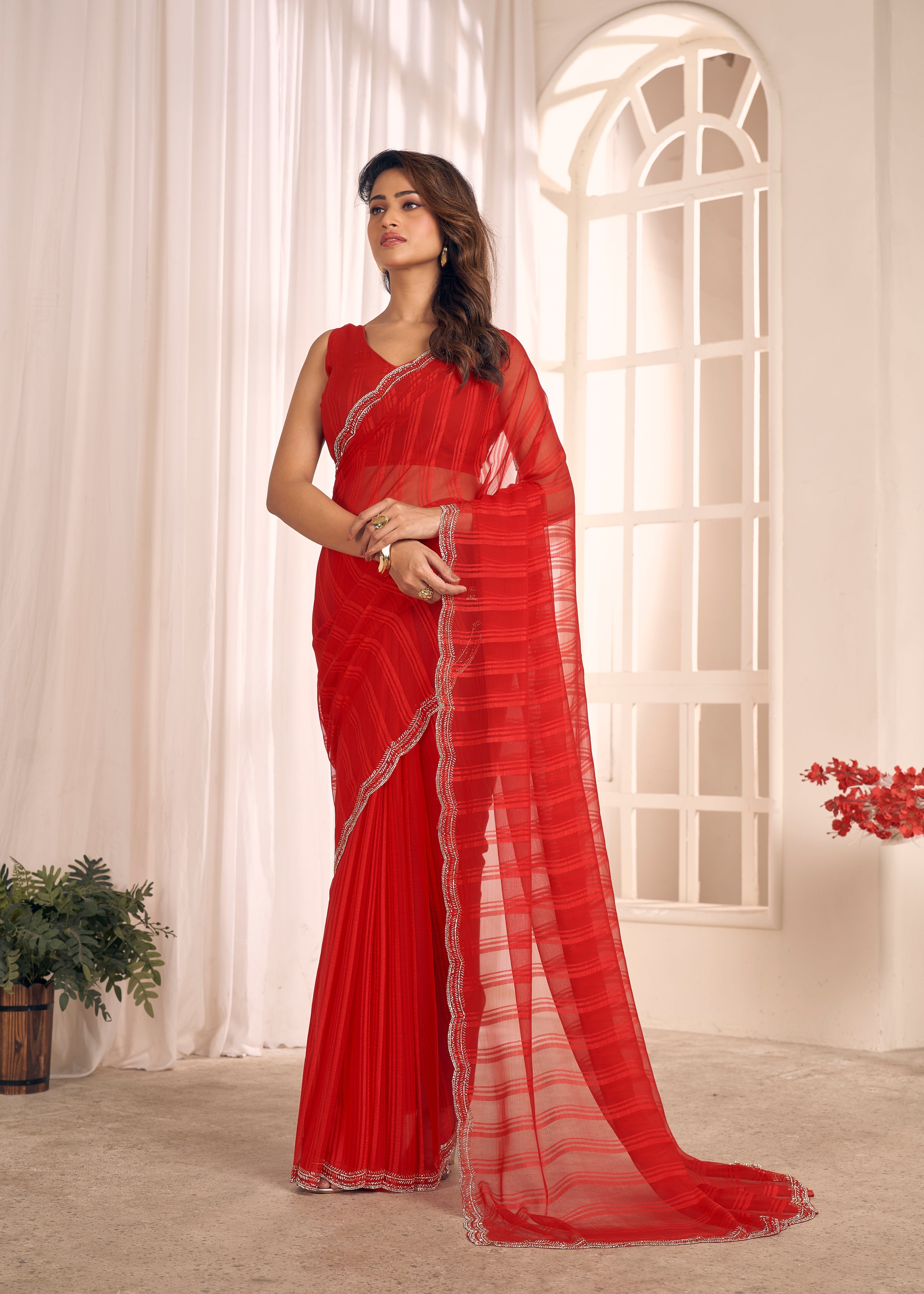 Chilli Red Shimmer Embellished Premium Silk Saree