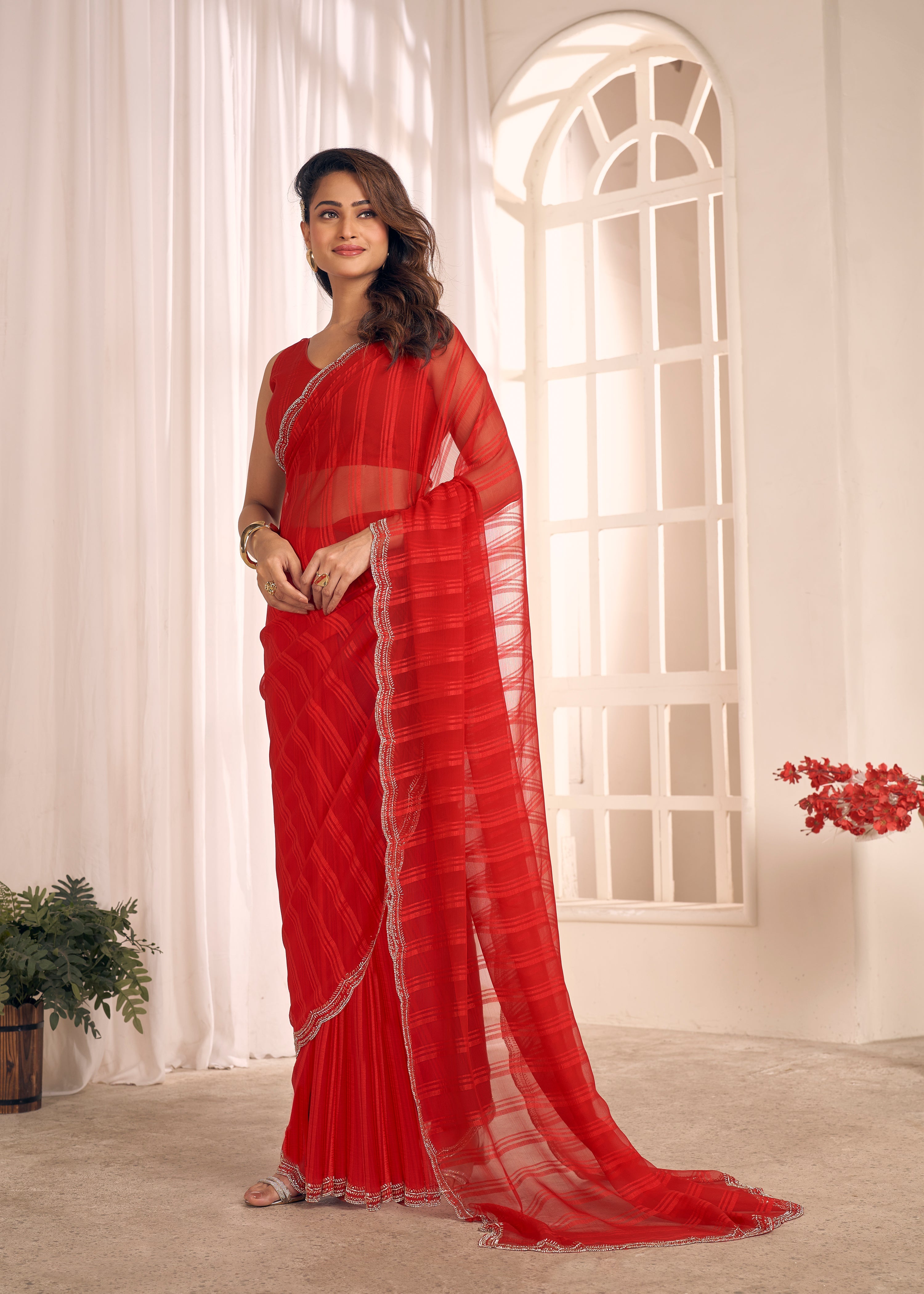 Chilli Red Shimmer Embellished Premium Silk Saree