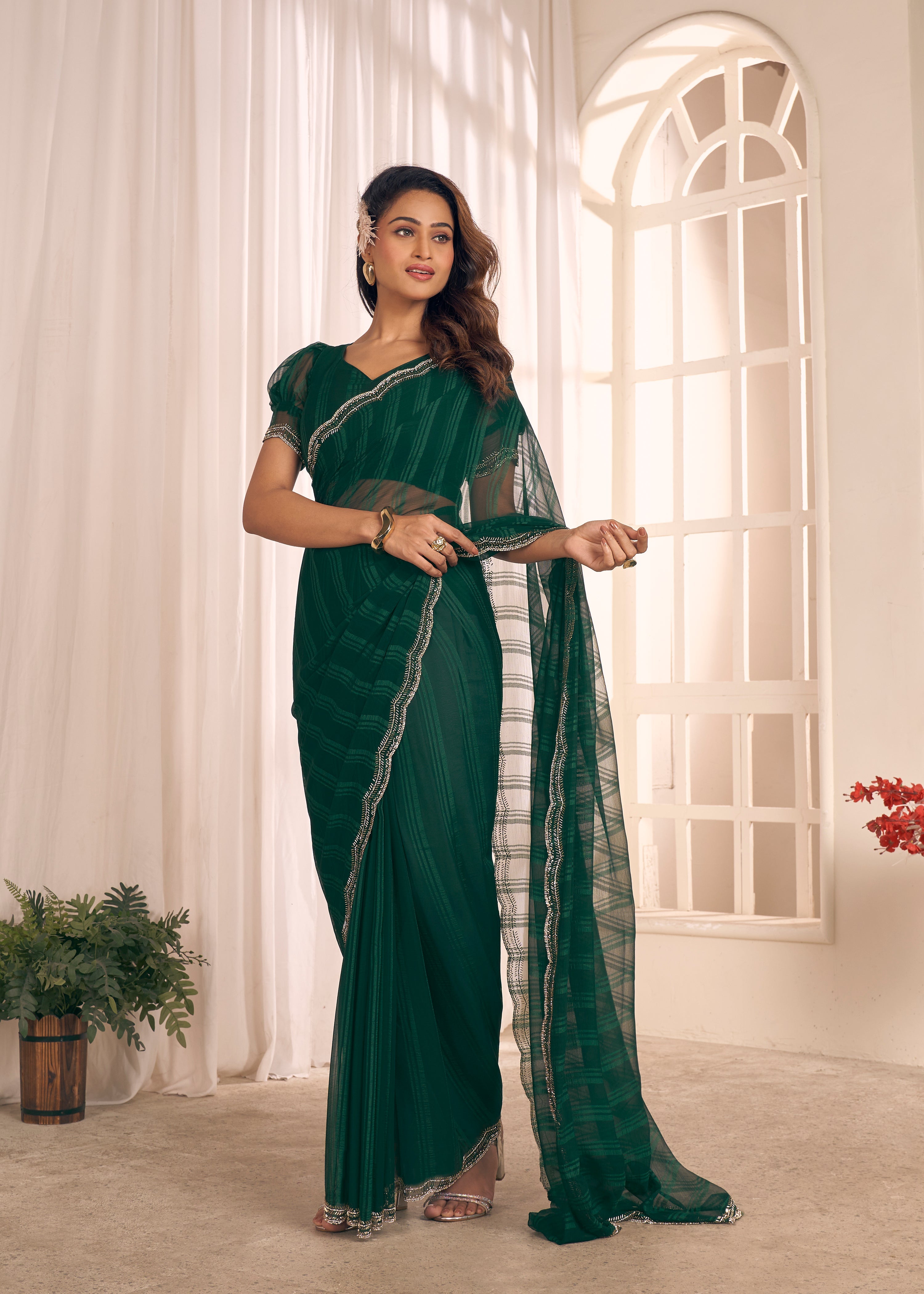 Emerald Green Embellished Premium Silk Saree