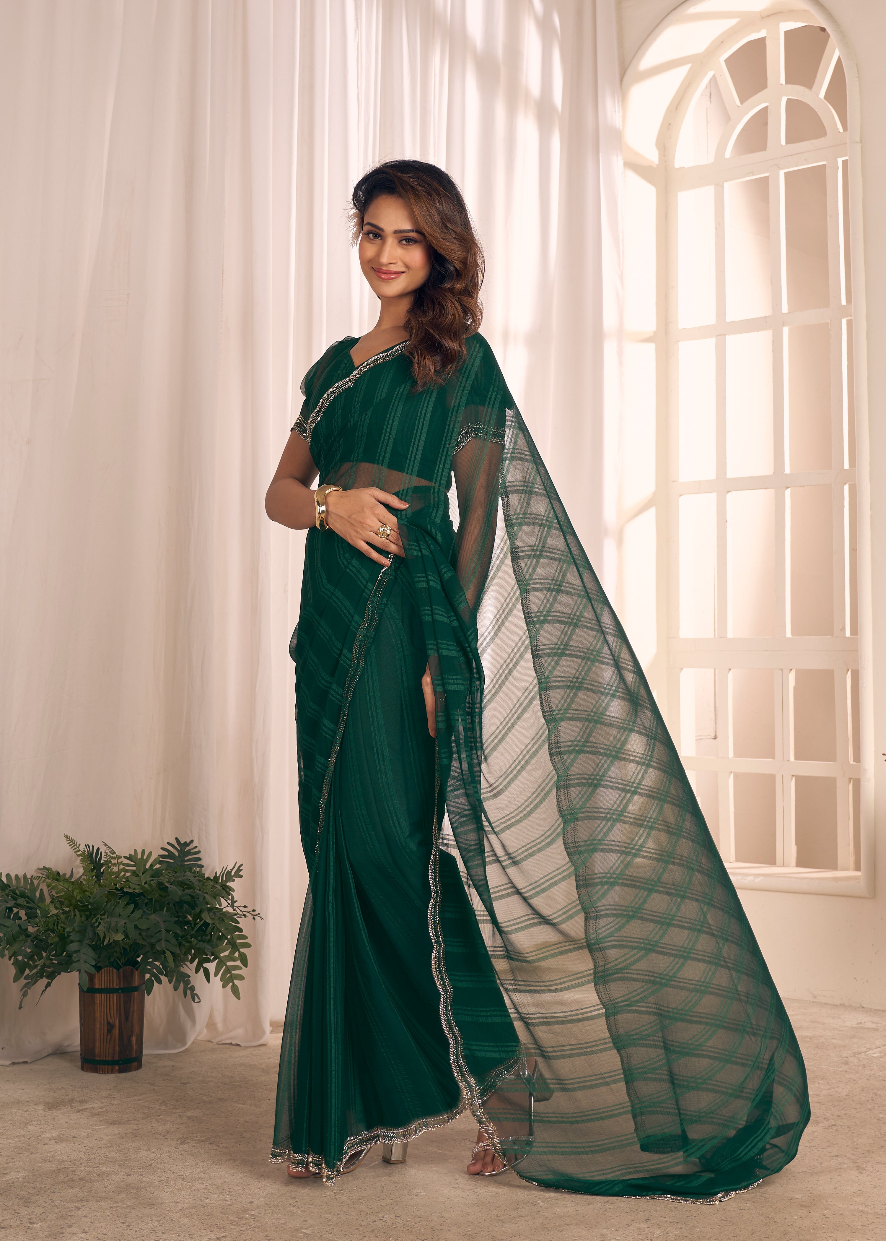 Green Shimmer Embellished Premium Silk Saree
