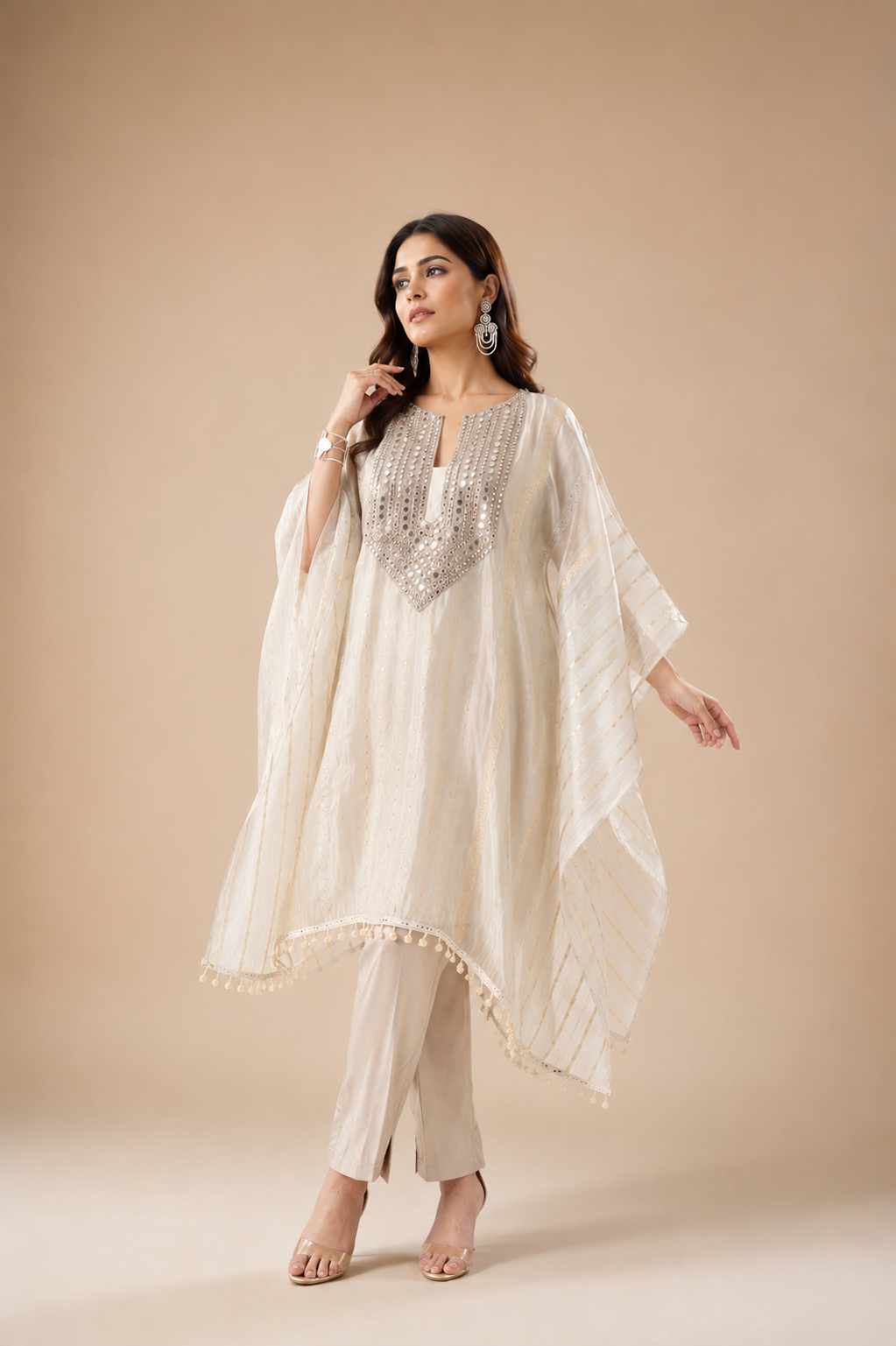 Pearl Ivory Embellished Tissue Silk Kaftan Set