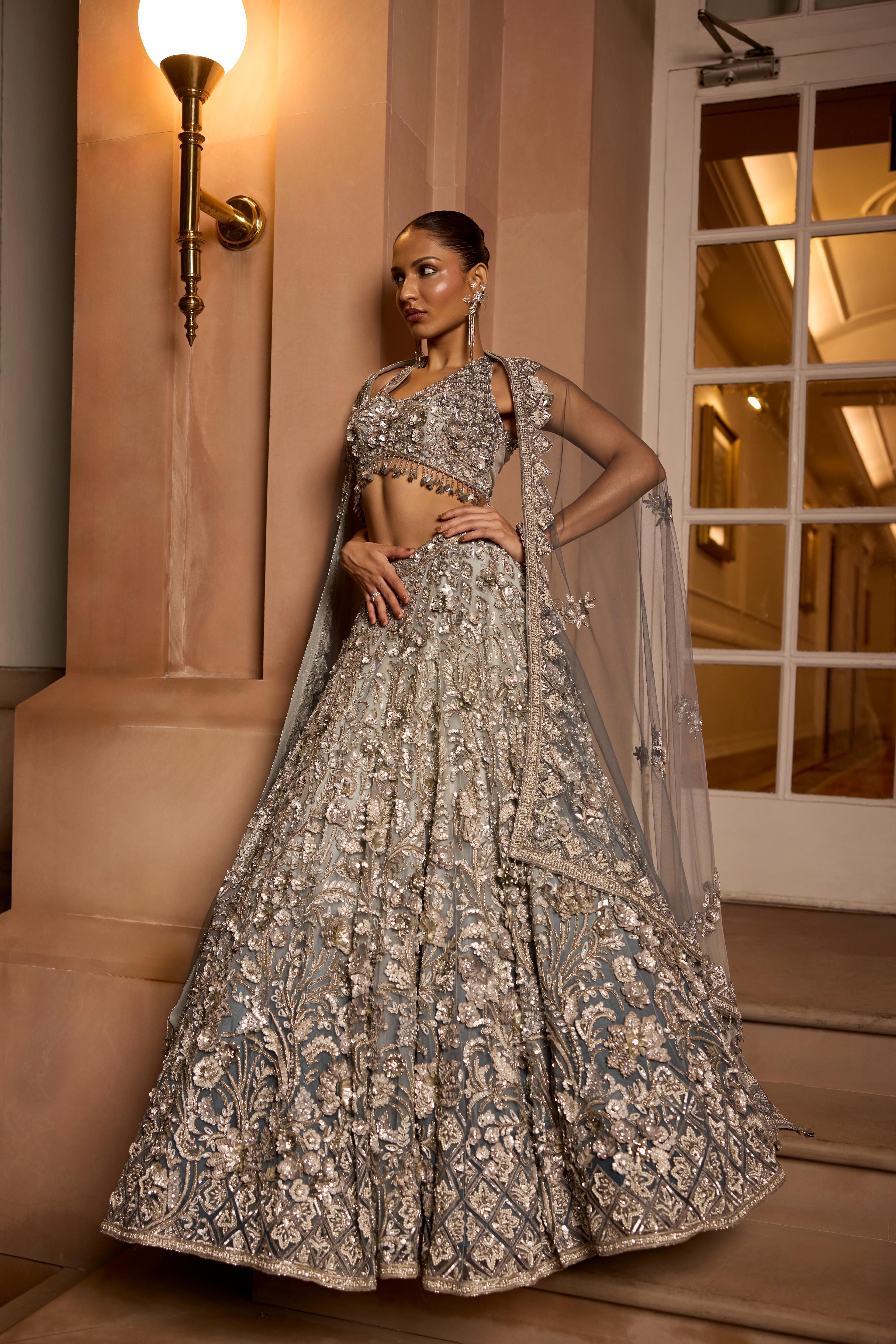 Dusty Grey to Midnight Blue Embellished Premium Lehenga Set
