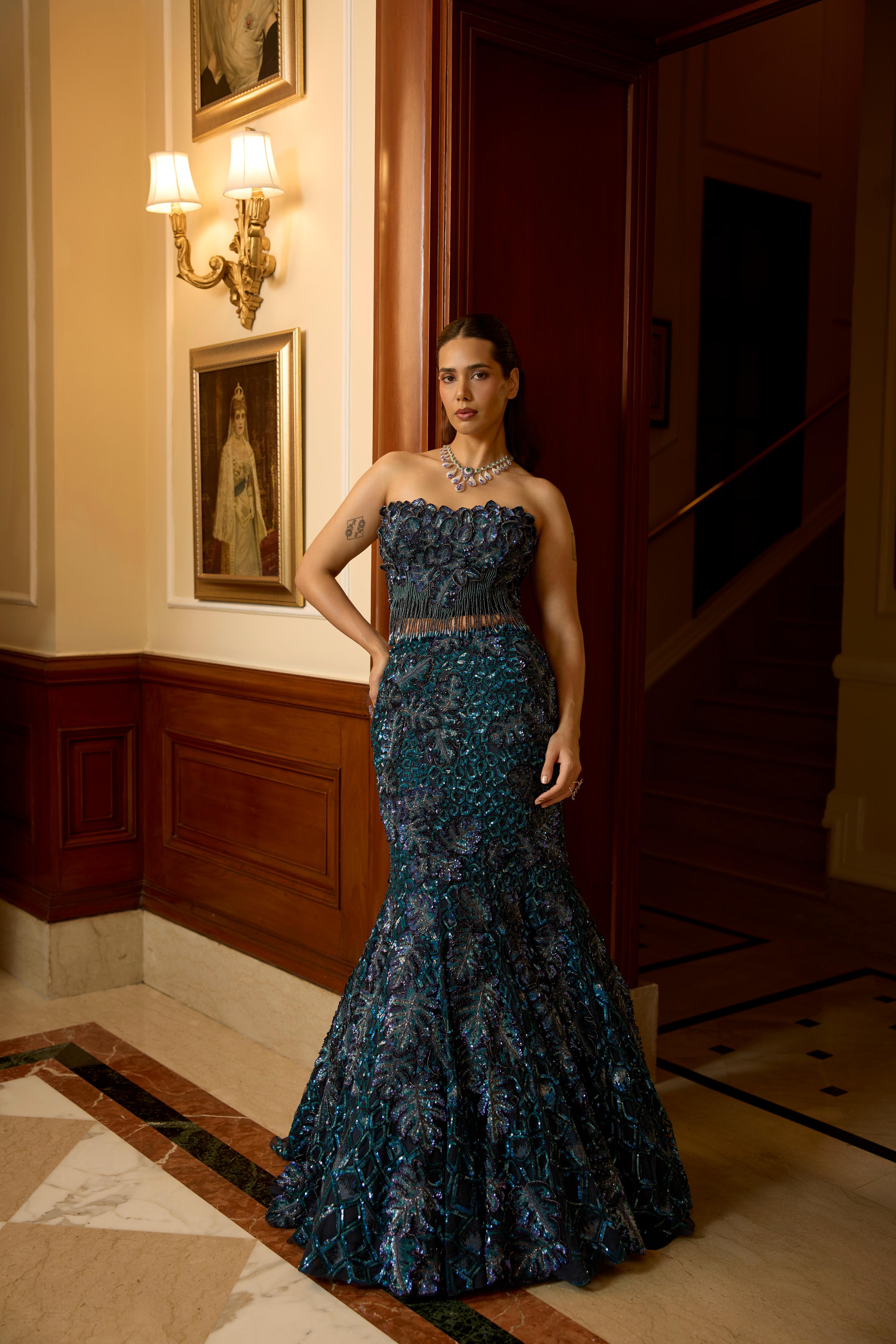 Peacock Teal Embellished Premium Mermaid Lehenga Set