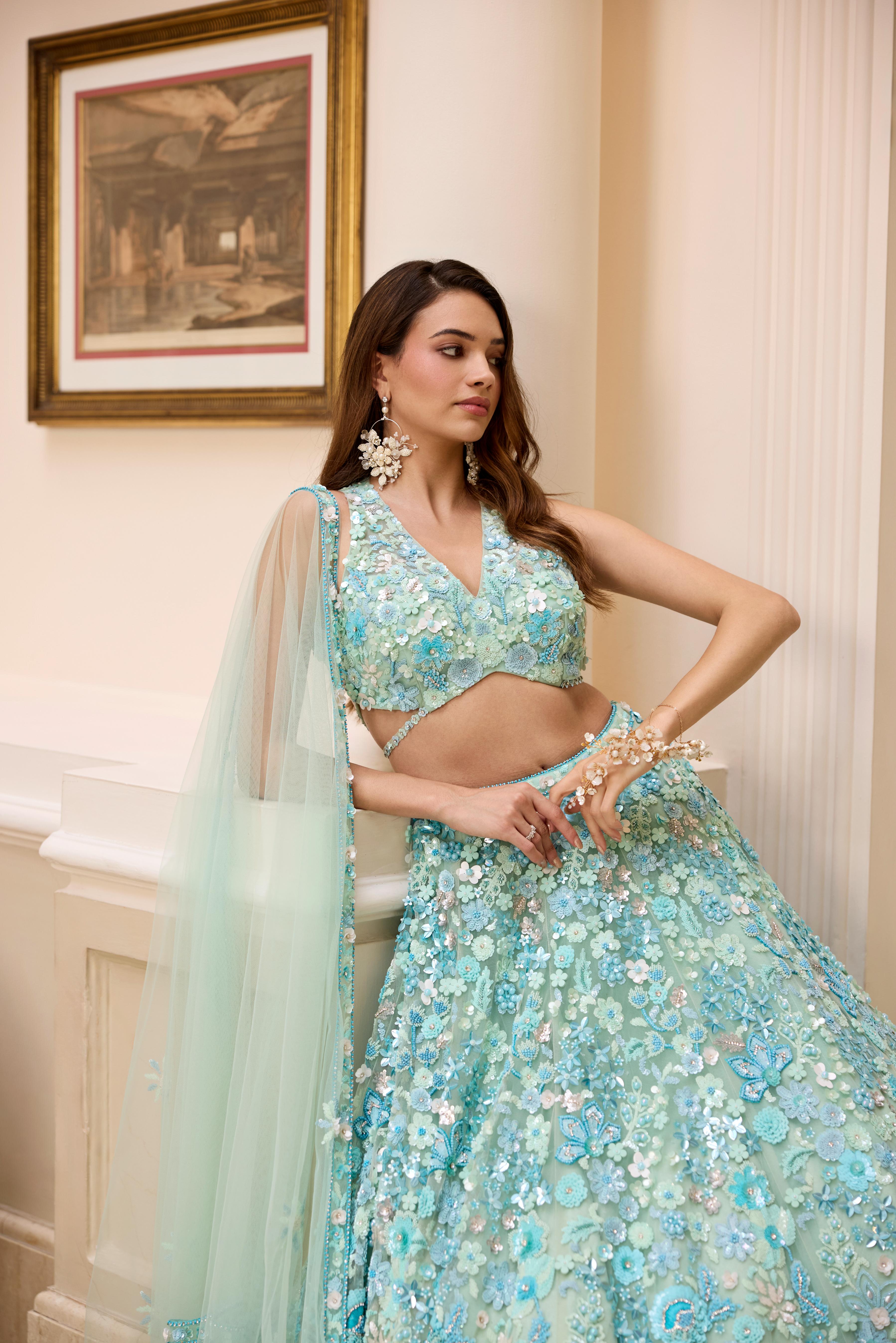 Aqua Pastel Blue Embellished Premium Lehenga Set