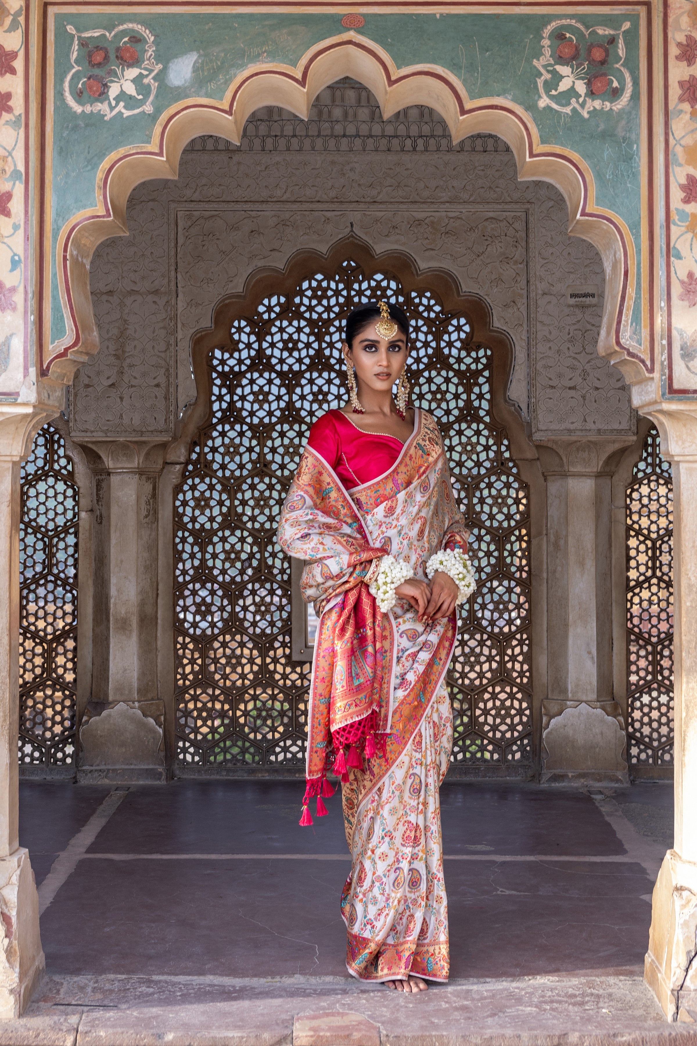 Pearl White Woven Gajji Silk Saree