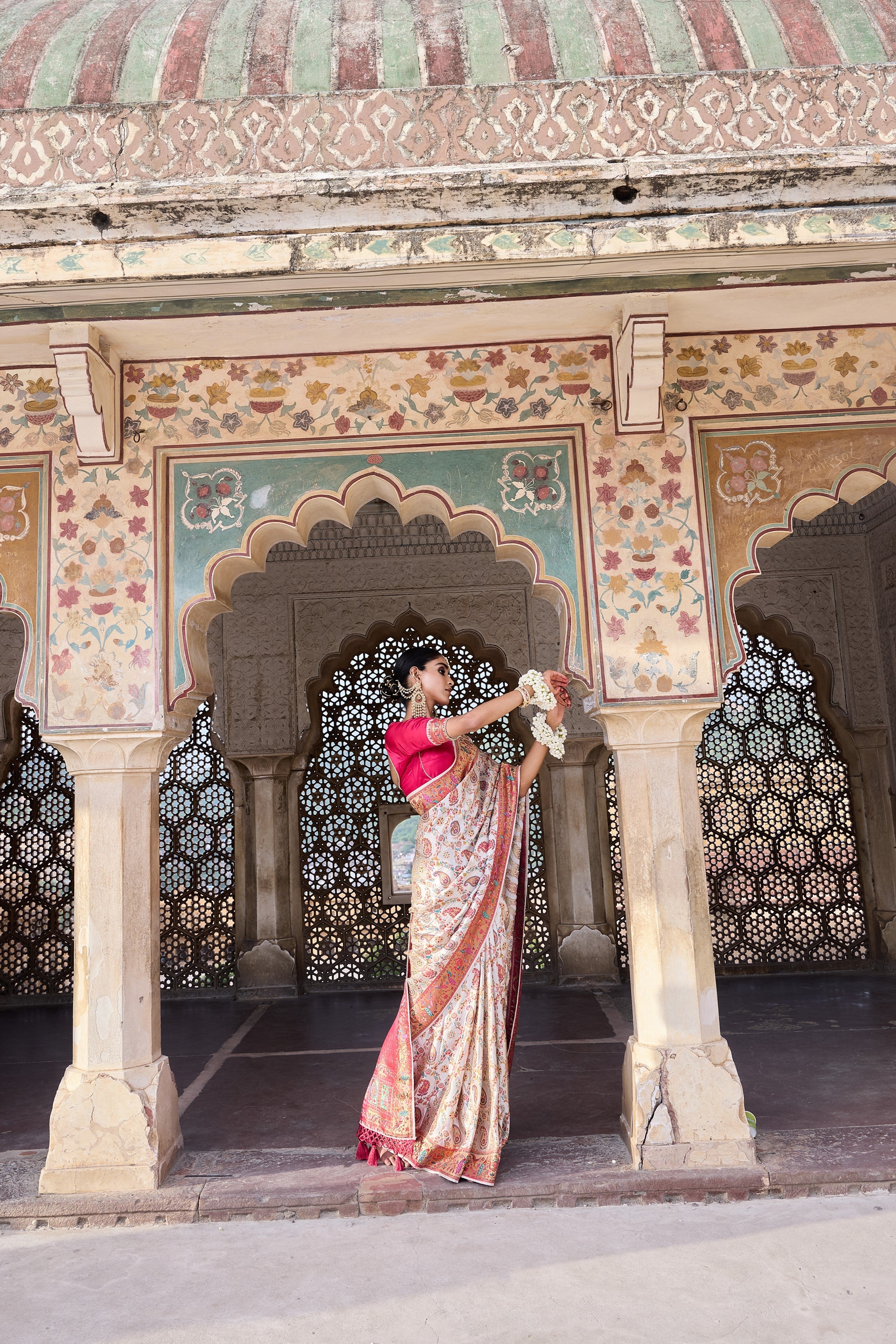Pearl White Woven Gajji Silk Saree