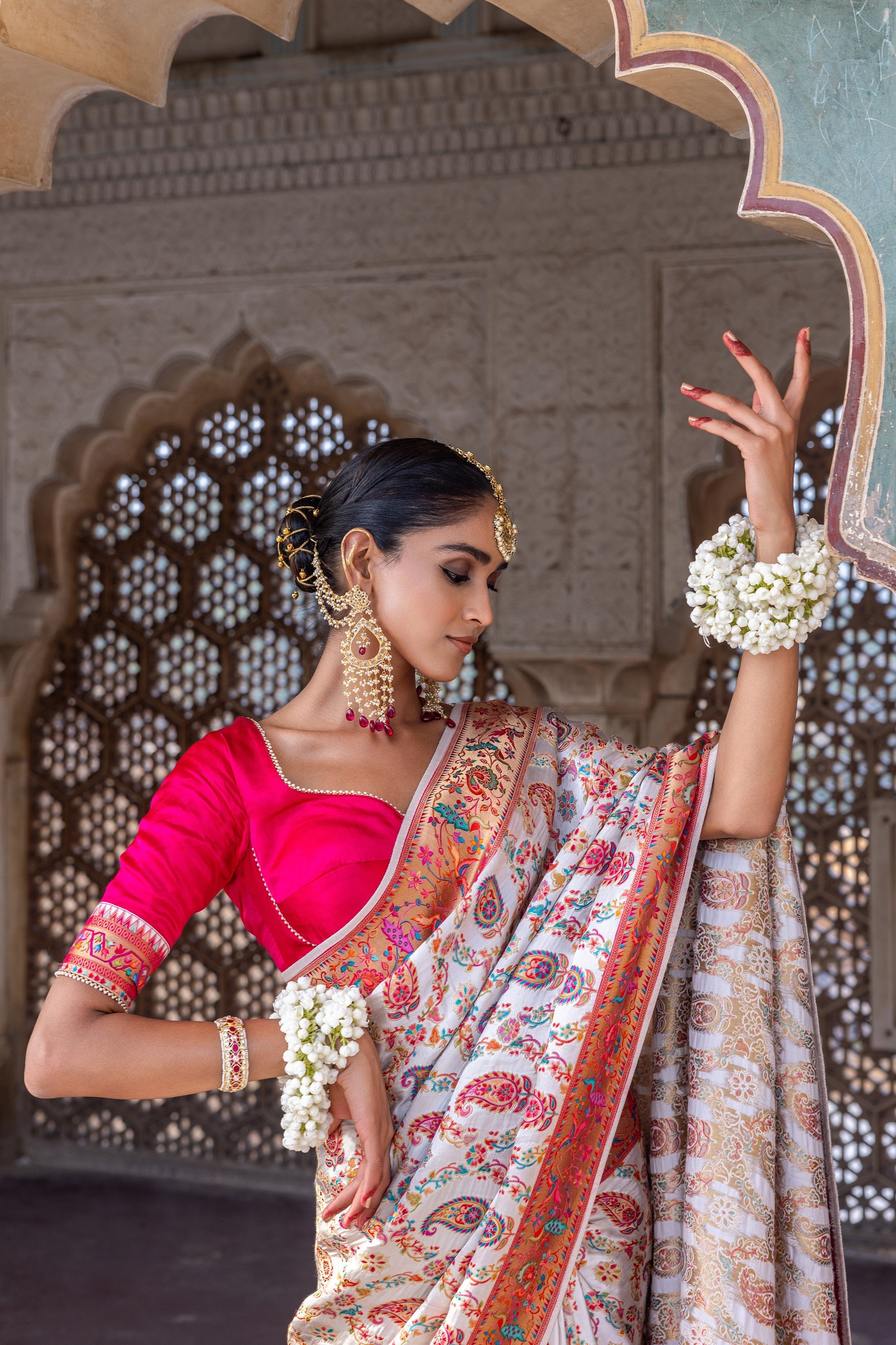 Pearl White Woven Gajji Silk Saree