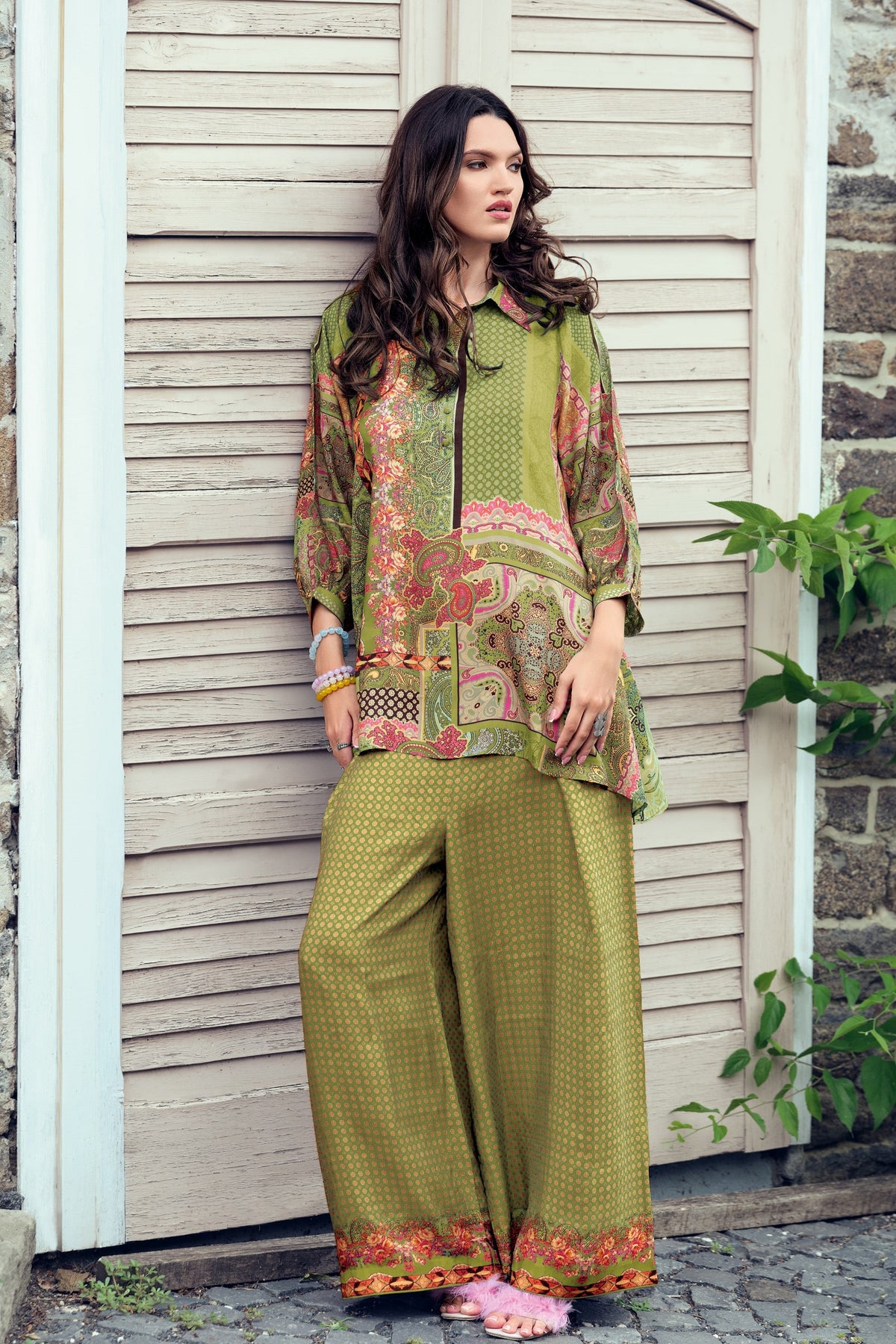 Green Digital Printed Muslin Silk Co-Ord Set