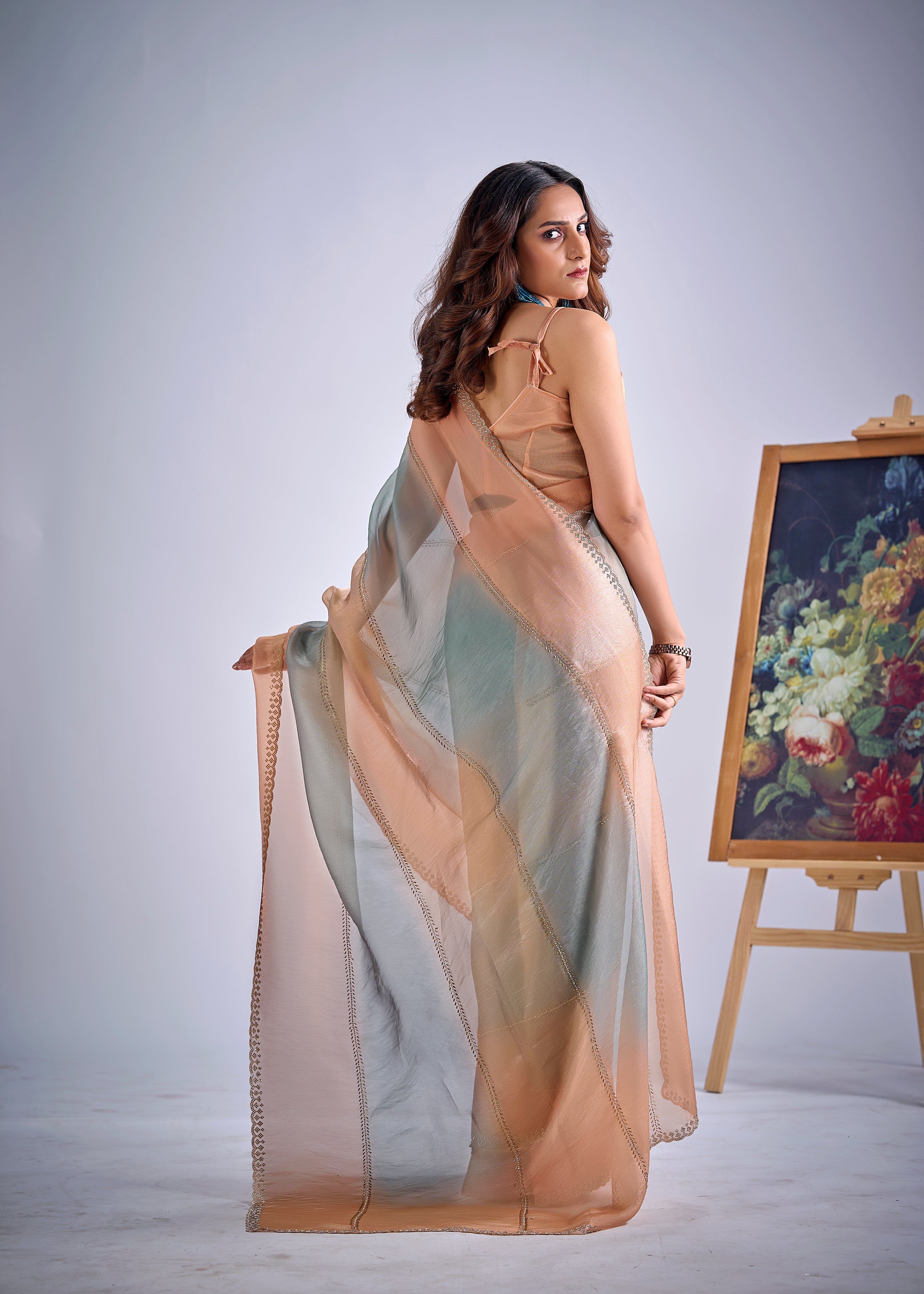 Peachy Blue Embellished Premium Silk Saree
