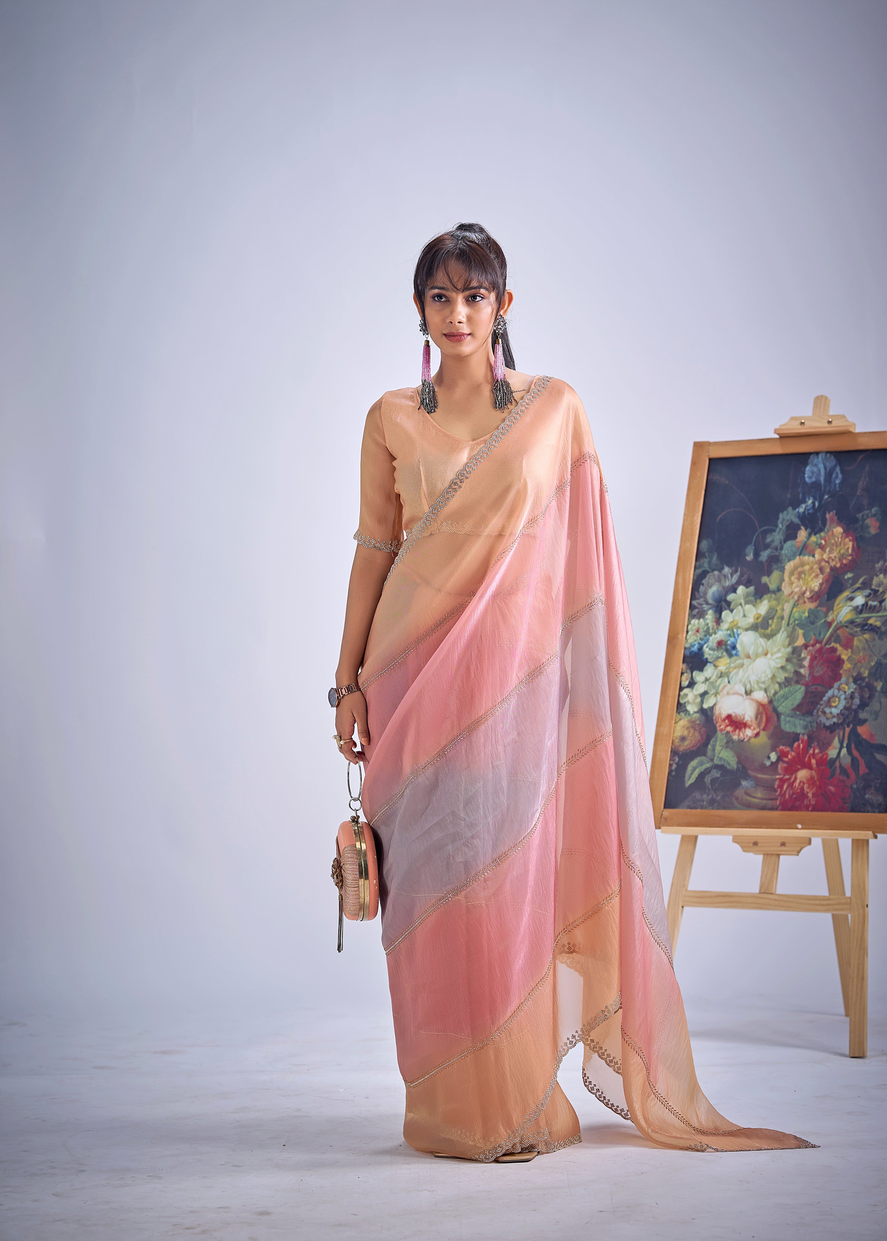 Peachy Pink Embellished Premium Silk Saree