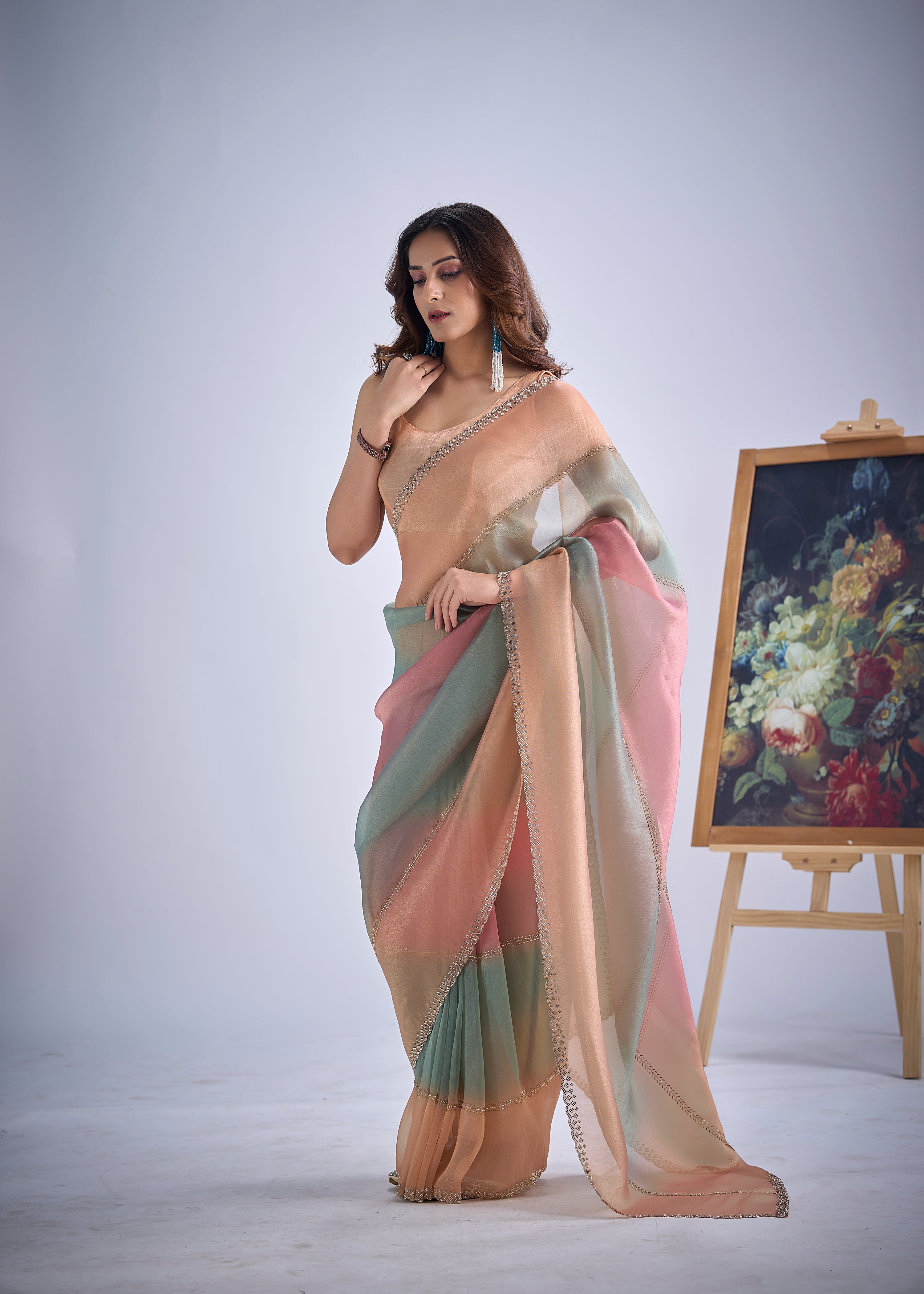 Peachy Sage Embellished Premium Silk Saree
