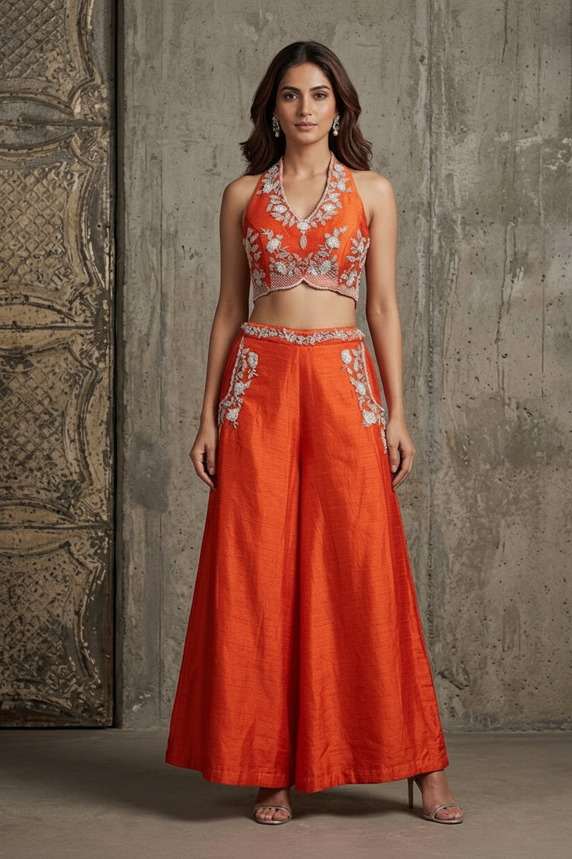 Bright Orange Embellished Raw Silk Palazzo Set
