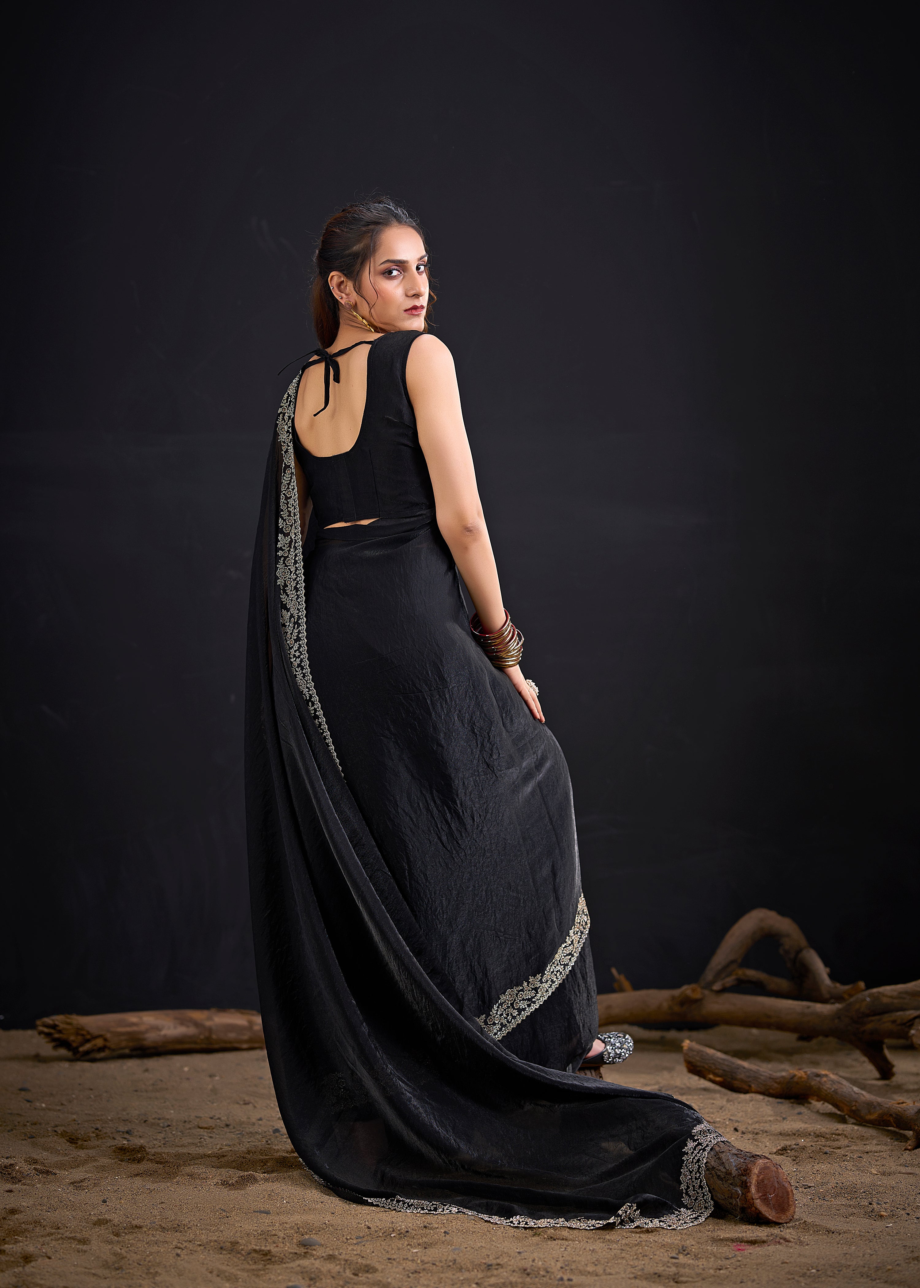 Jet Black Embellished Satin Silk Saree