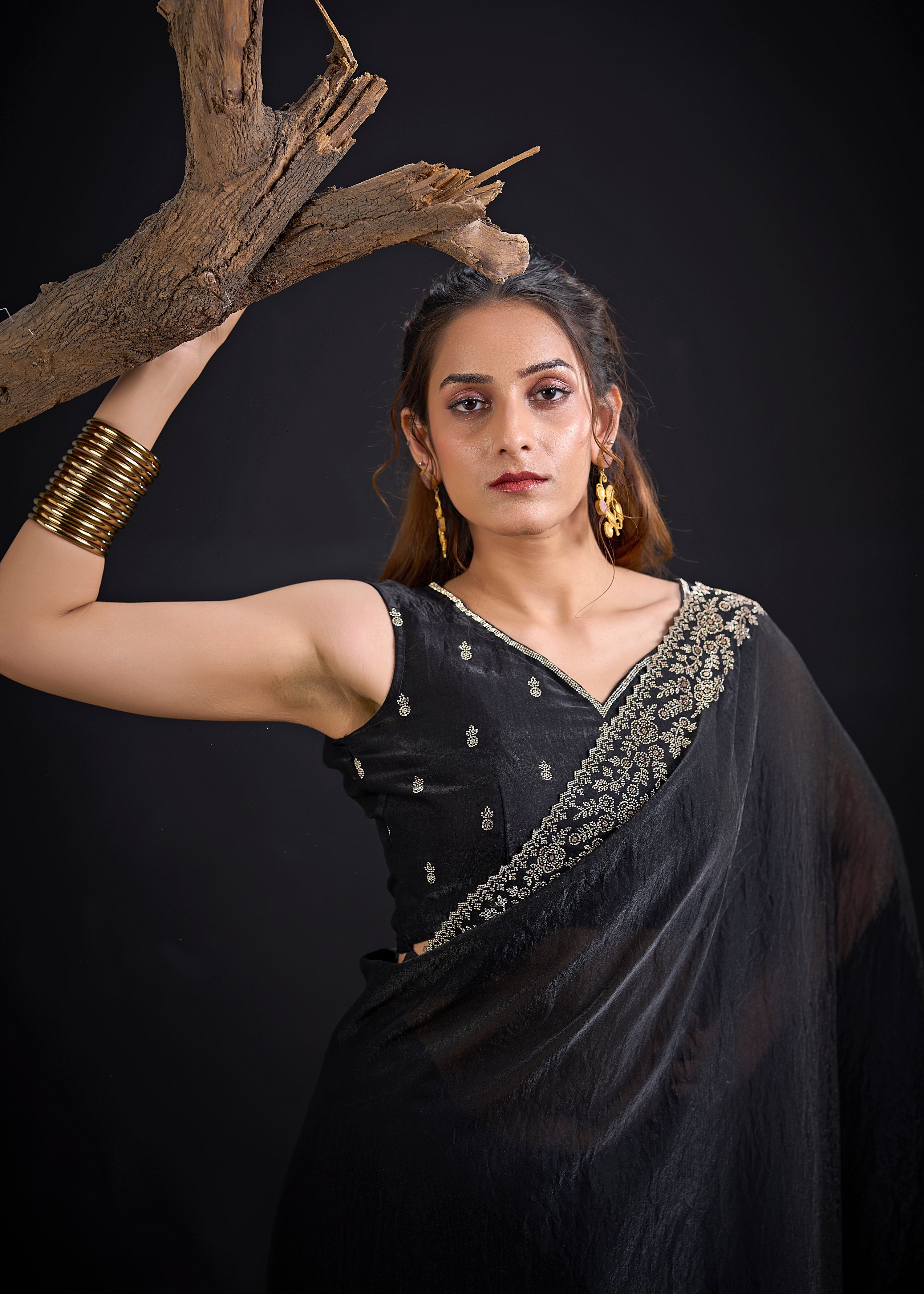 Jet Black Embellished Satin Silk Saree