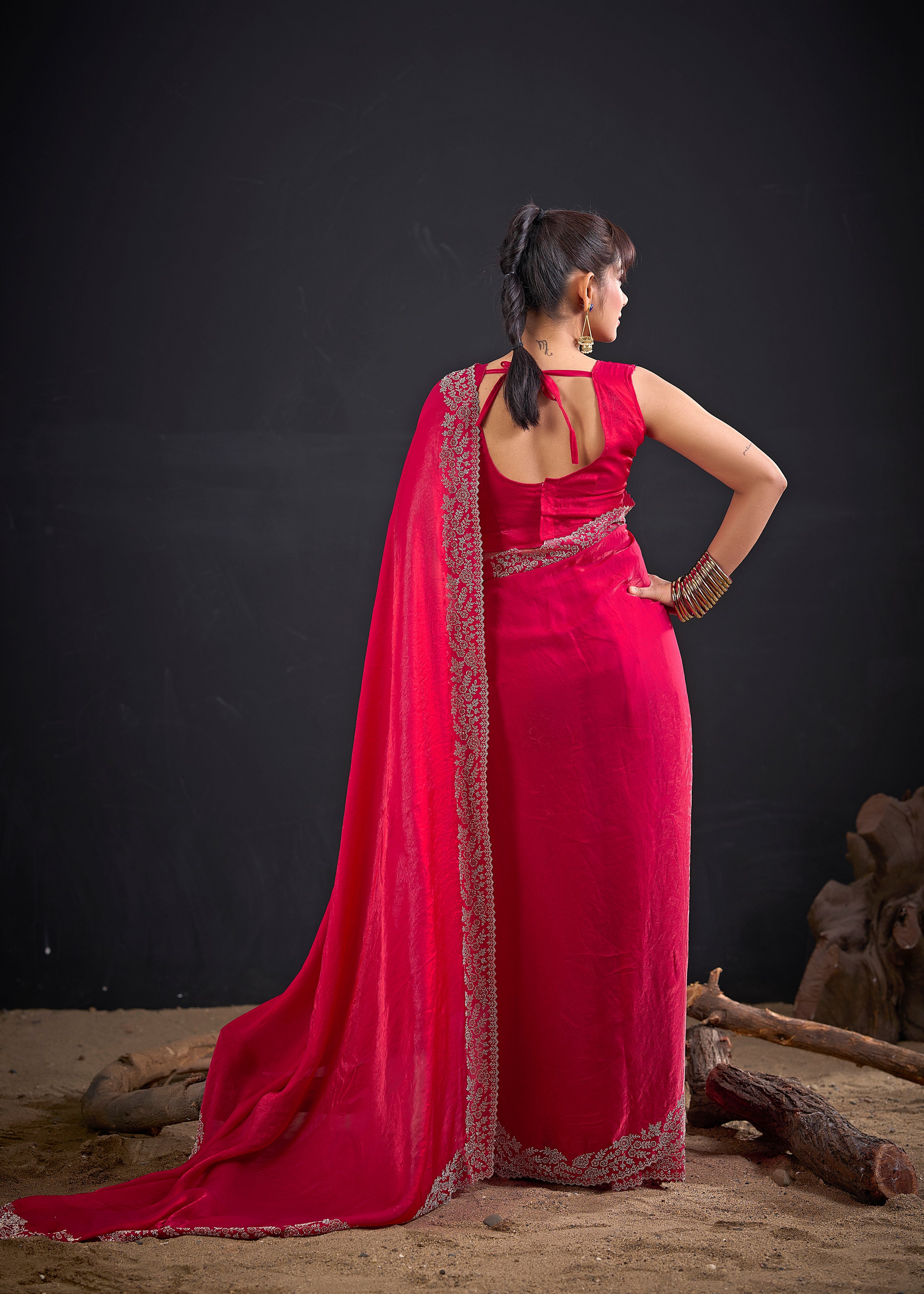Pink Flora Embellished Satin Silk Saree