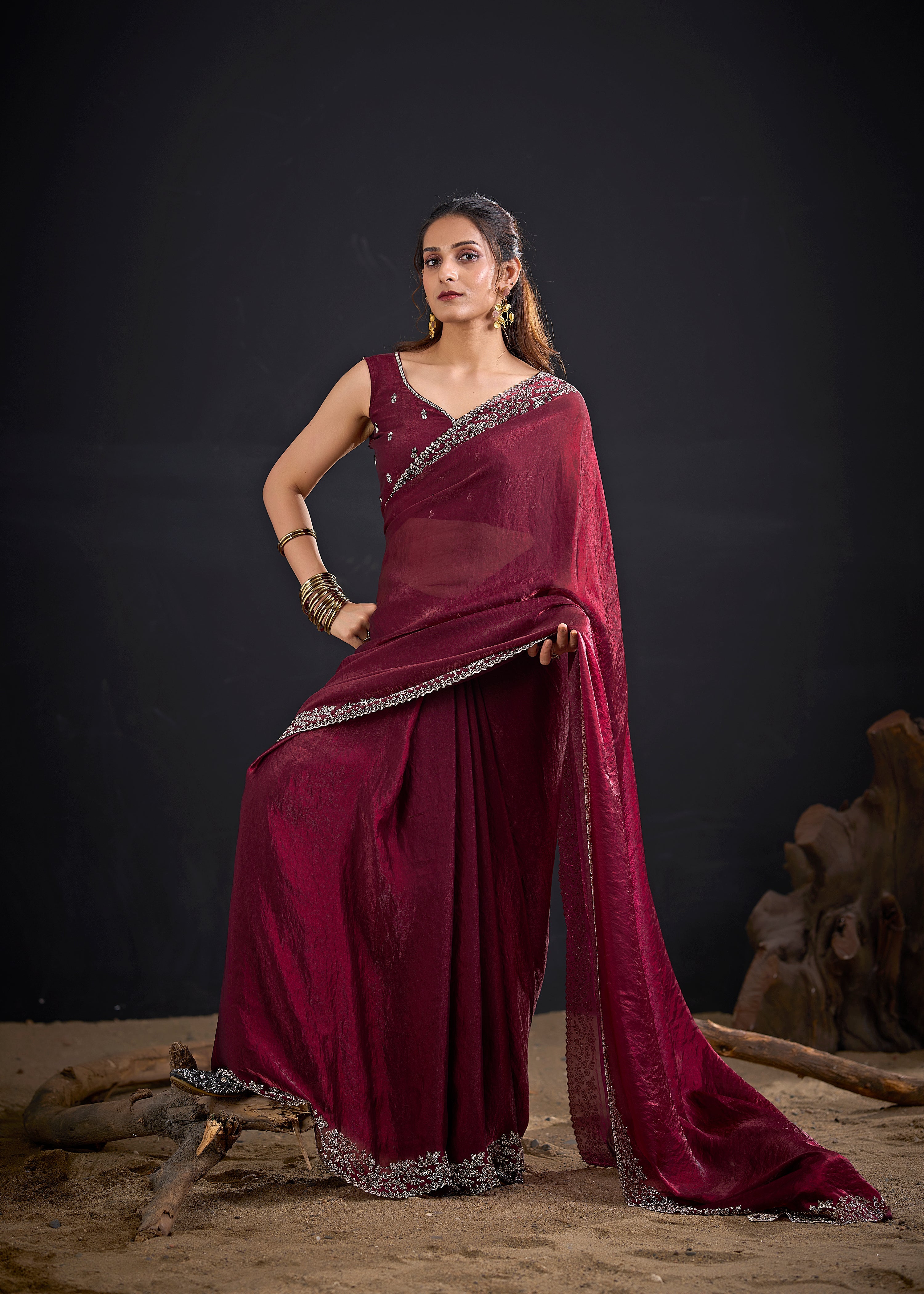 Deep Plum Embellished Satin Silk Saree
