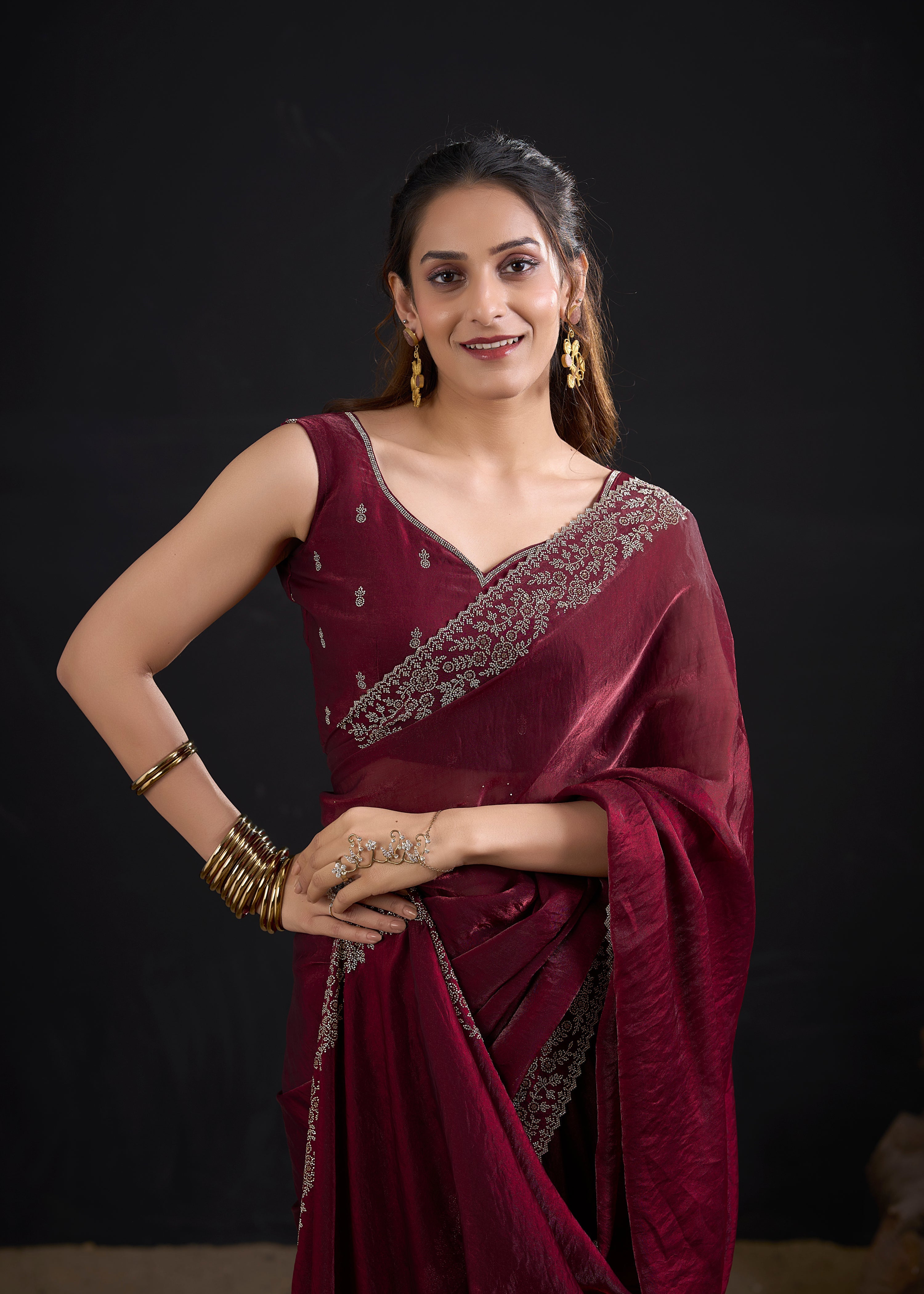 Deep Plum Embellished Satin Silk Saree