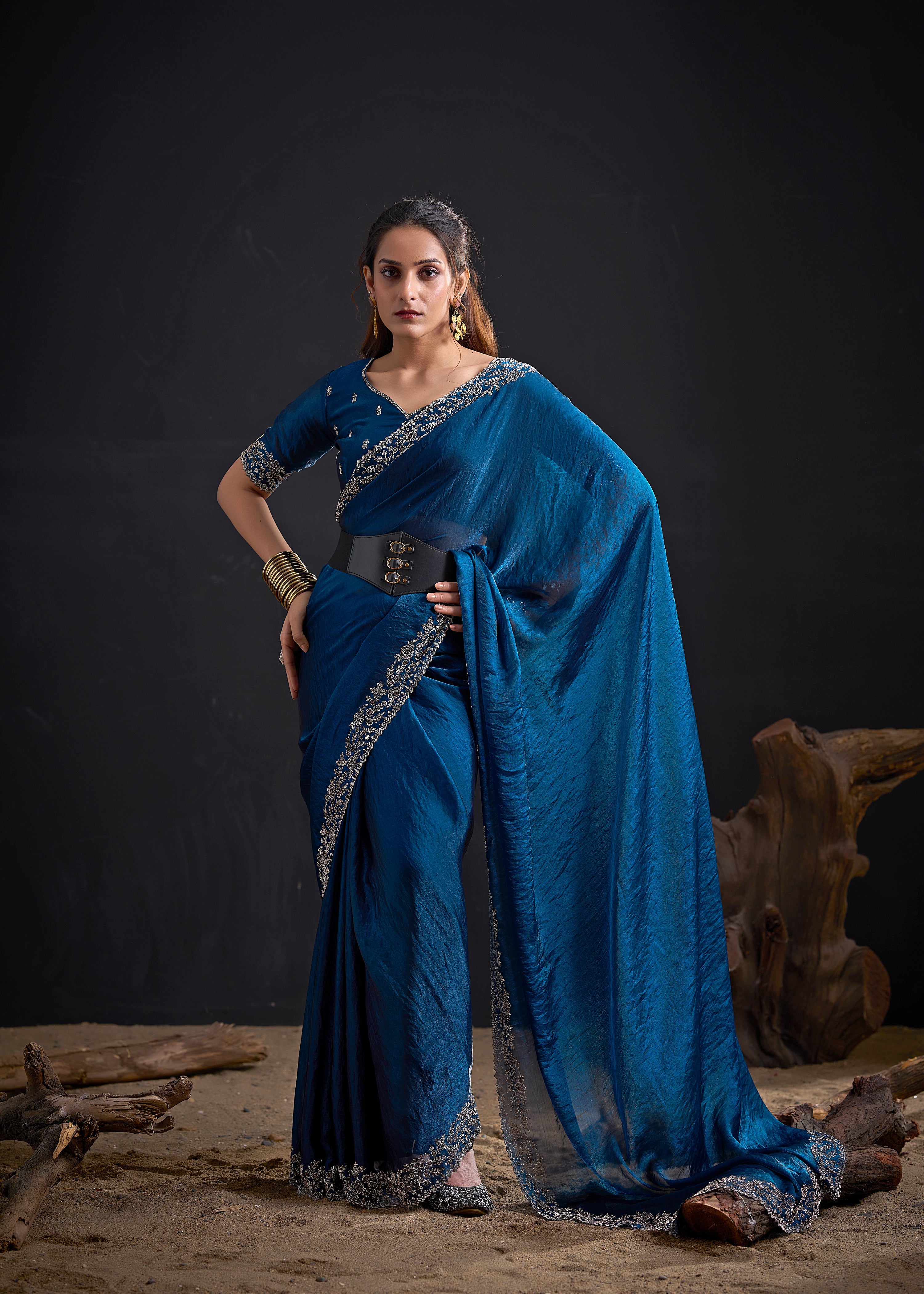Prussian Blue Embellished Satin Silk Saree