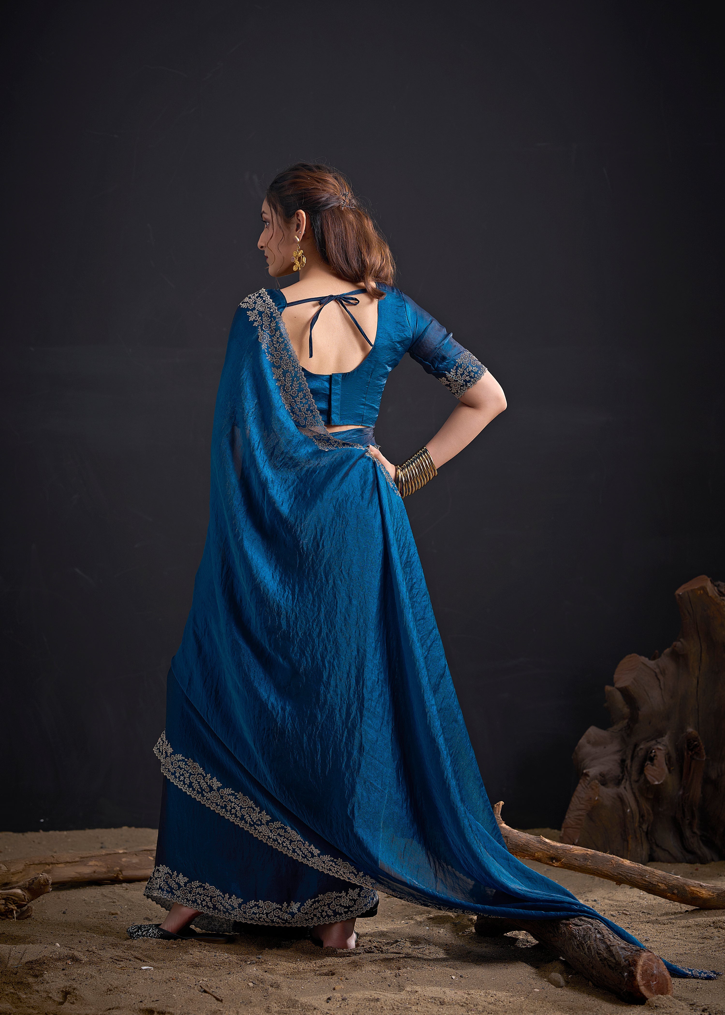 Prussian Blue Embellished Satin Silk Saree