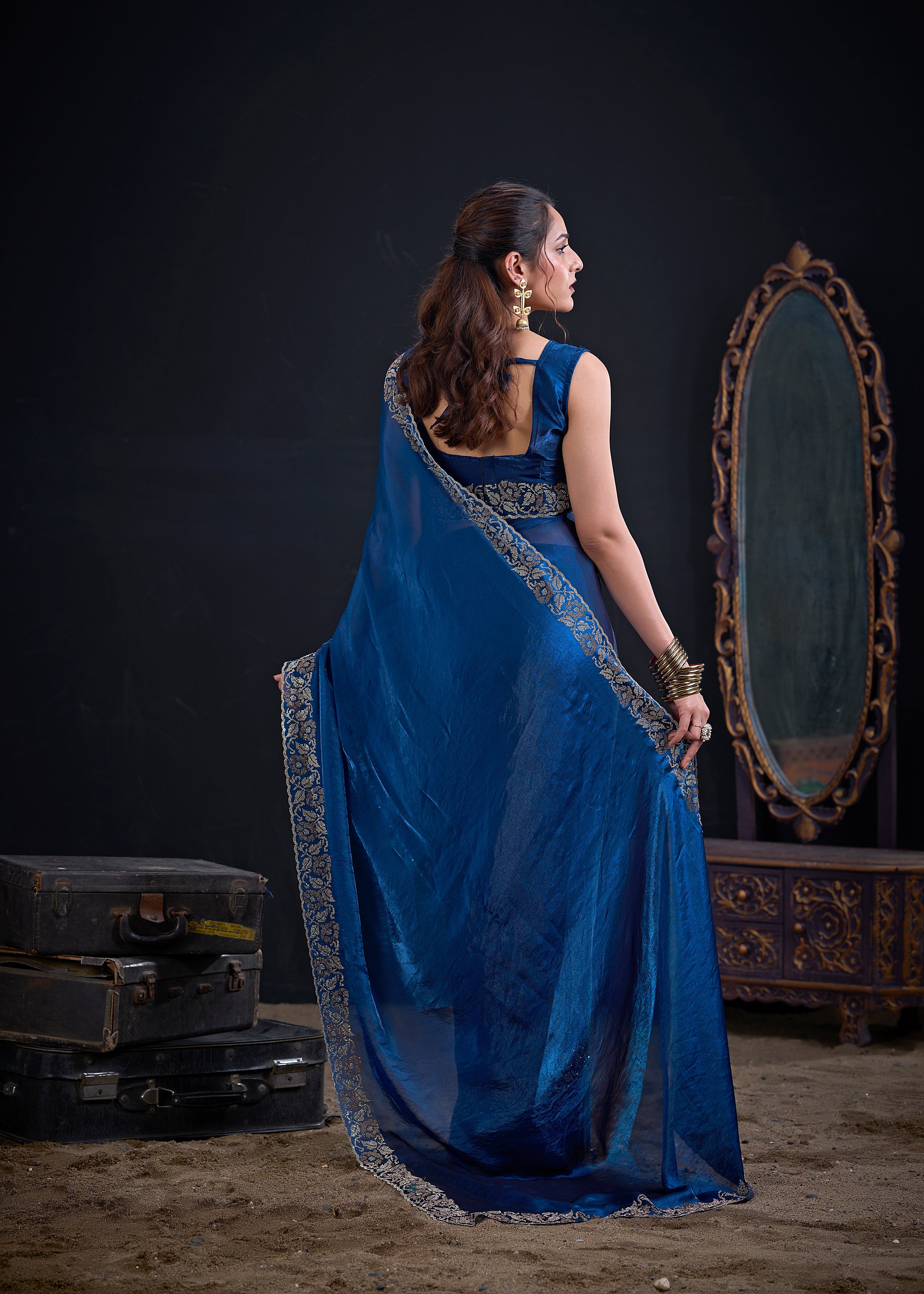 Royal Blue Embellished Satin Silk Saree