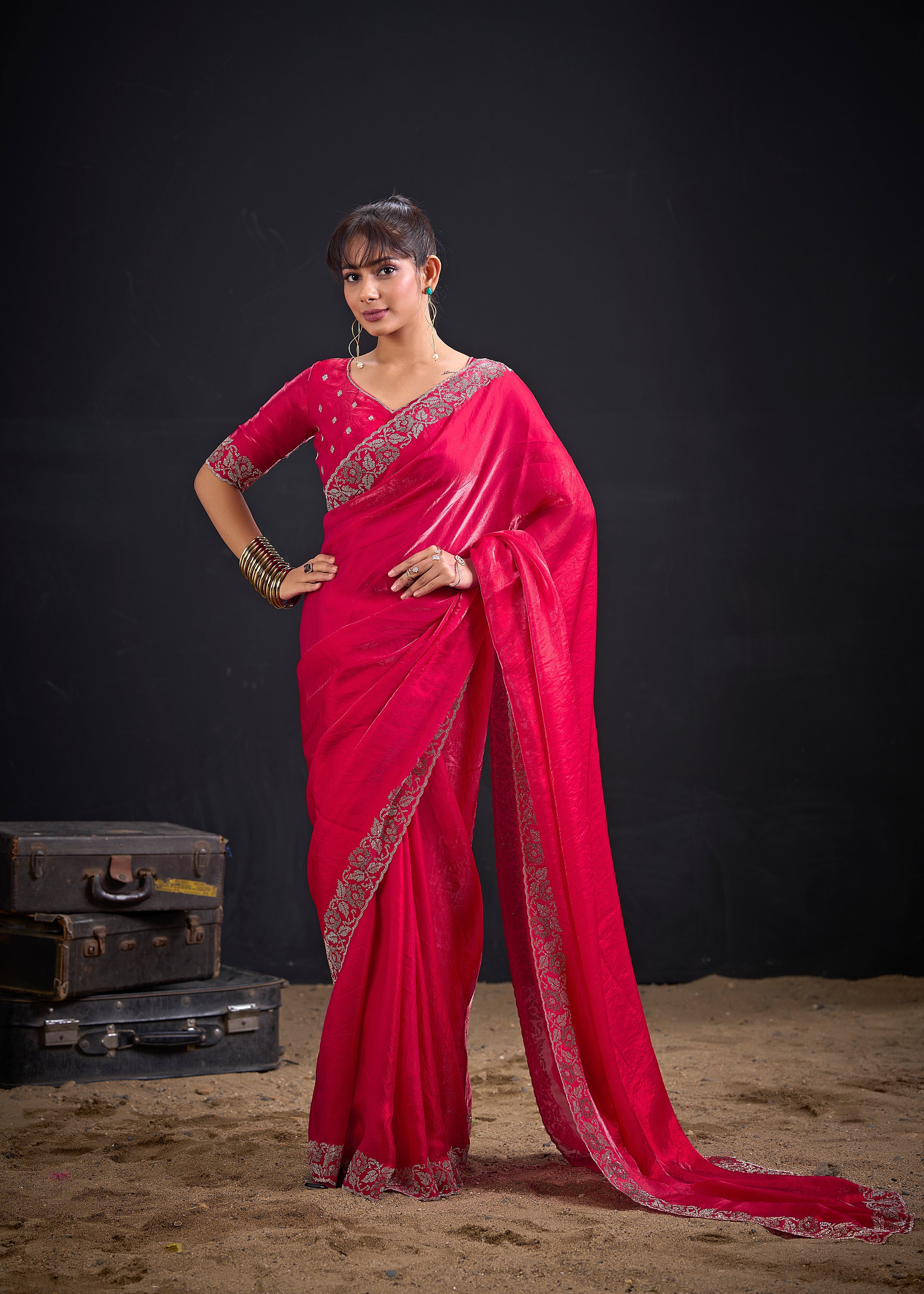 Bloom Pink Embellished Satin Silk Saree