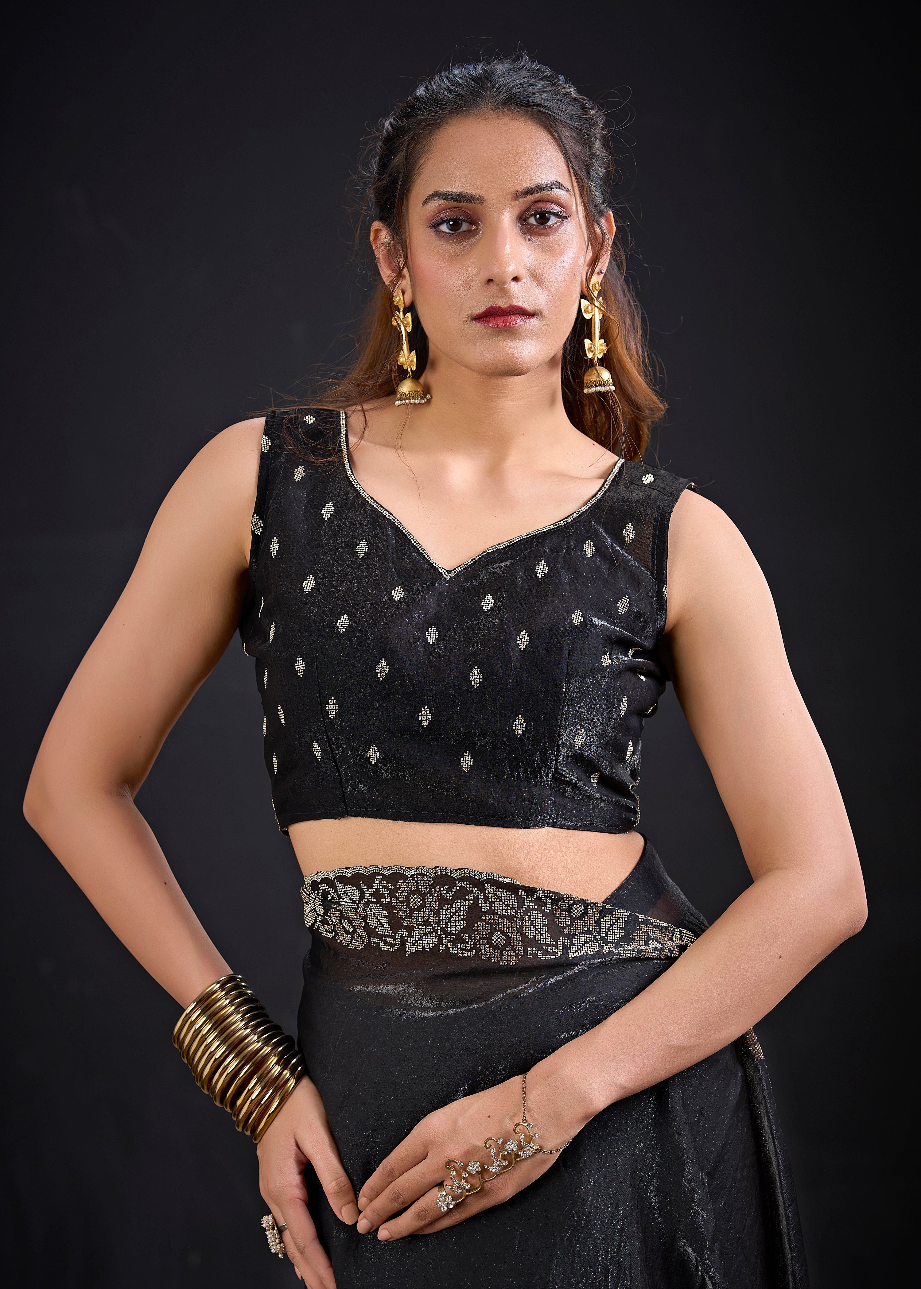 Phantom Black Embellished Satin Silk Saree