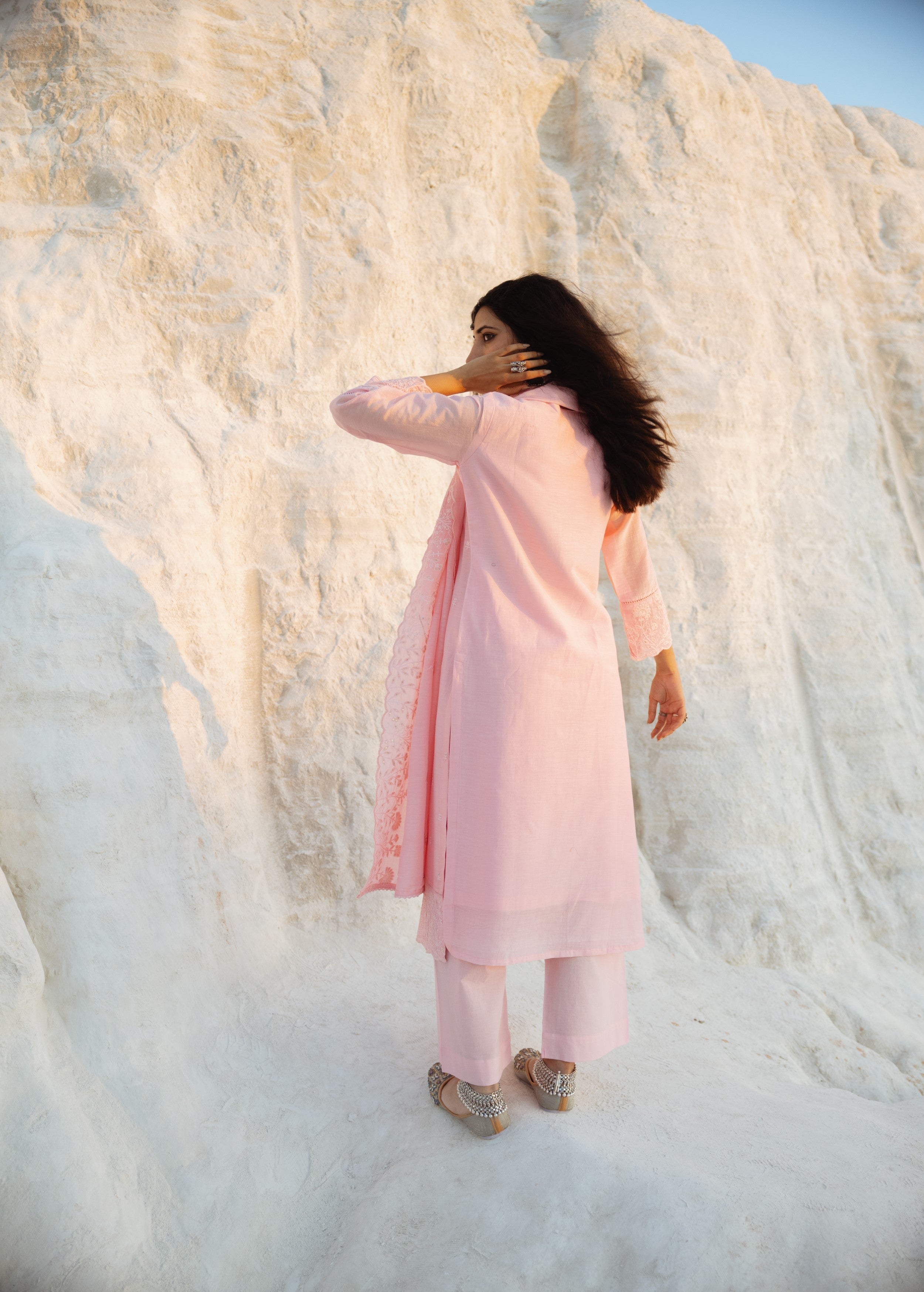 Petal Pink Embroidered Mul-Chanderi Silk Pant Set