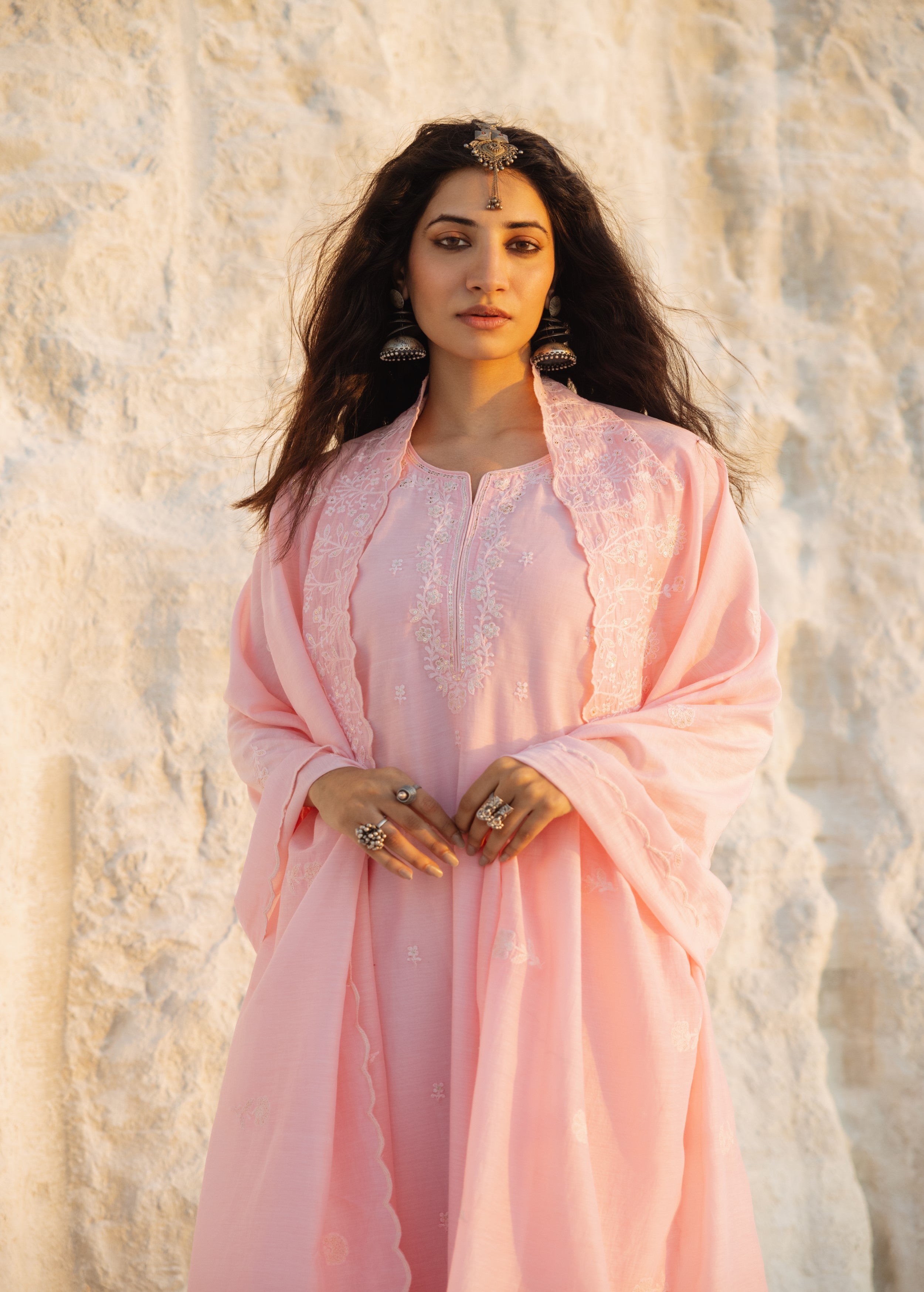 Petal Pink Embroidered Mul-Chanderi Silk Pant Set