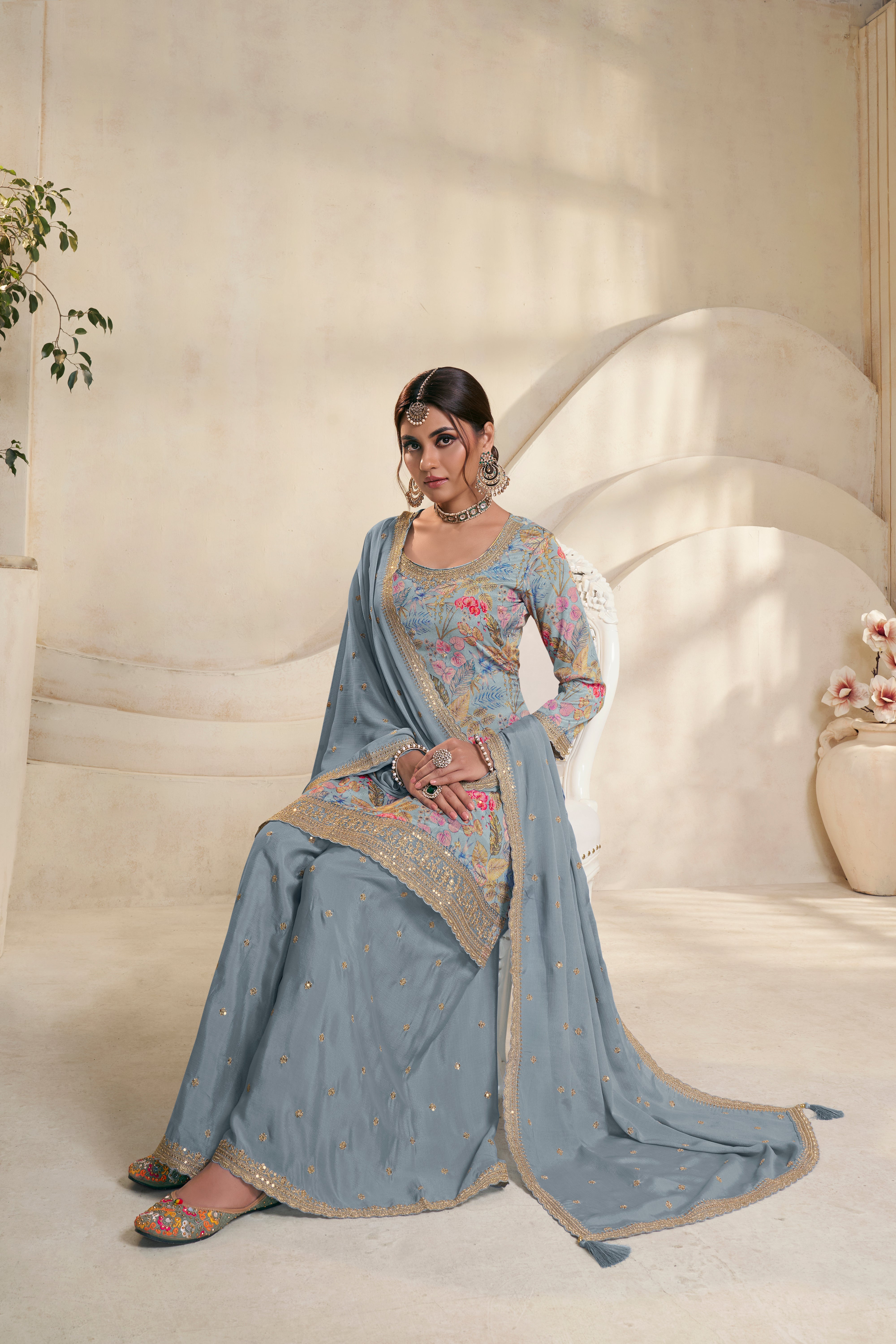 Light Blue Chinon Silk Kurta & Palazzo Set