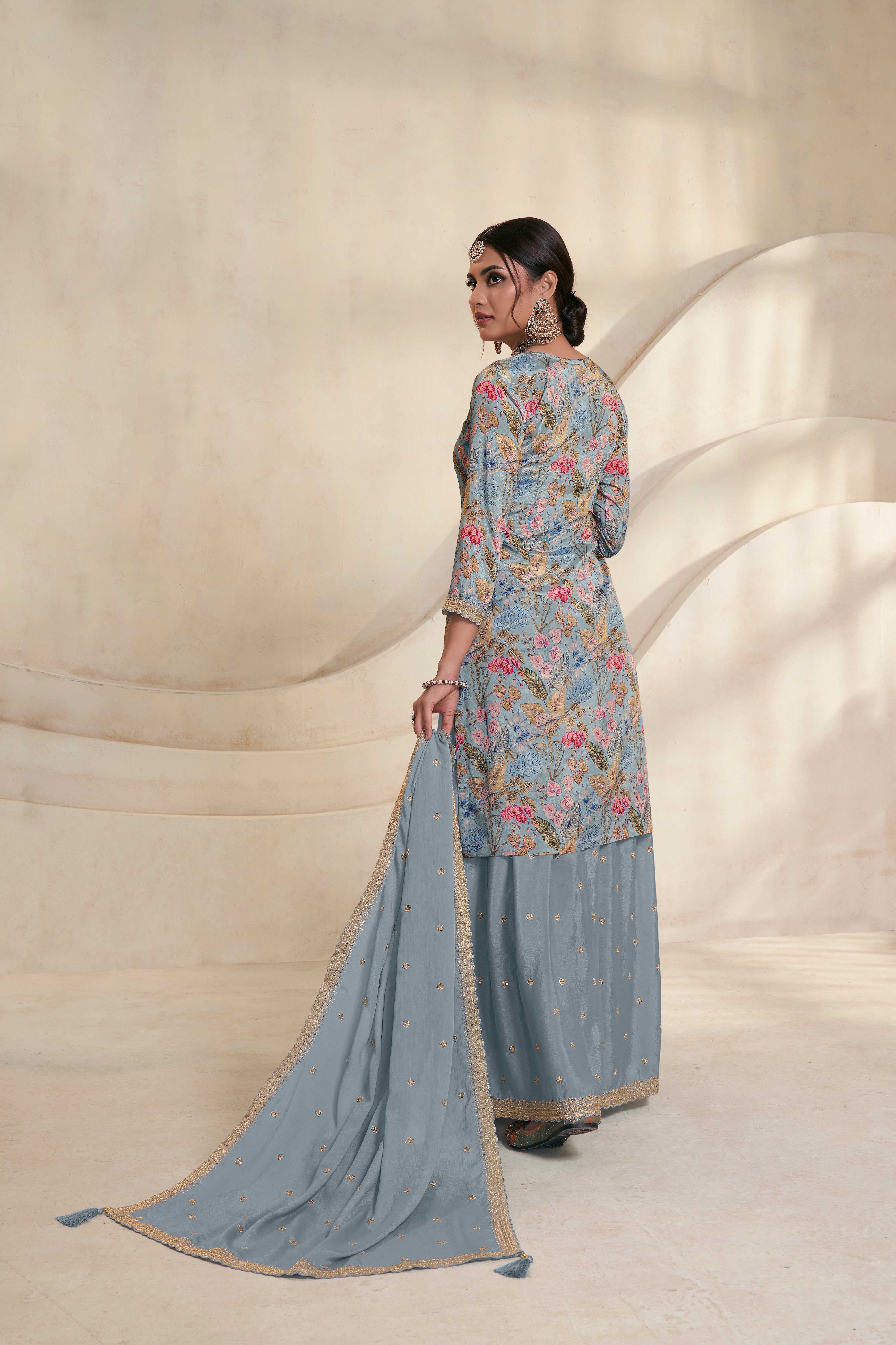 Light Blue Chinon Silk Kurta & Palazzo Set