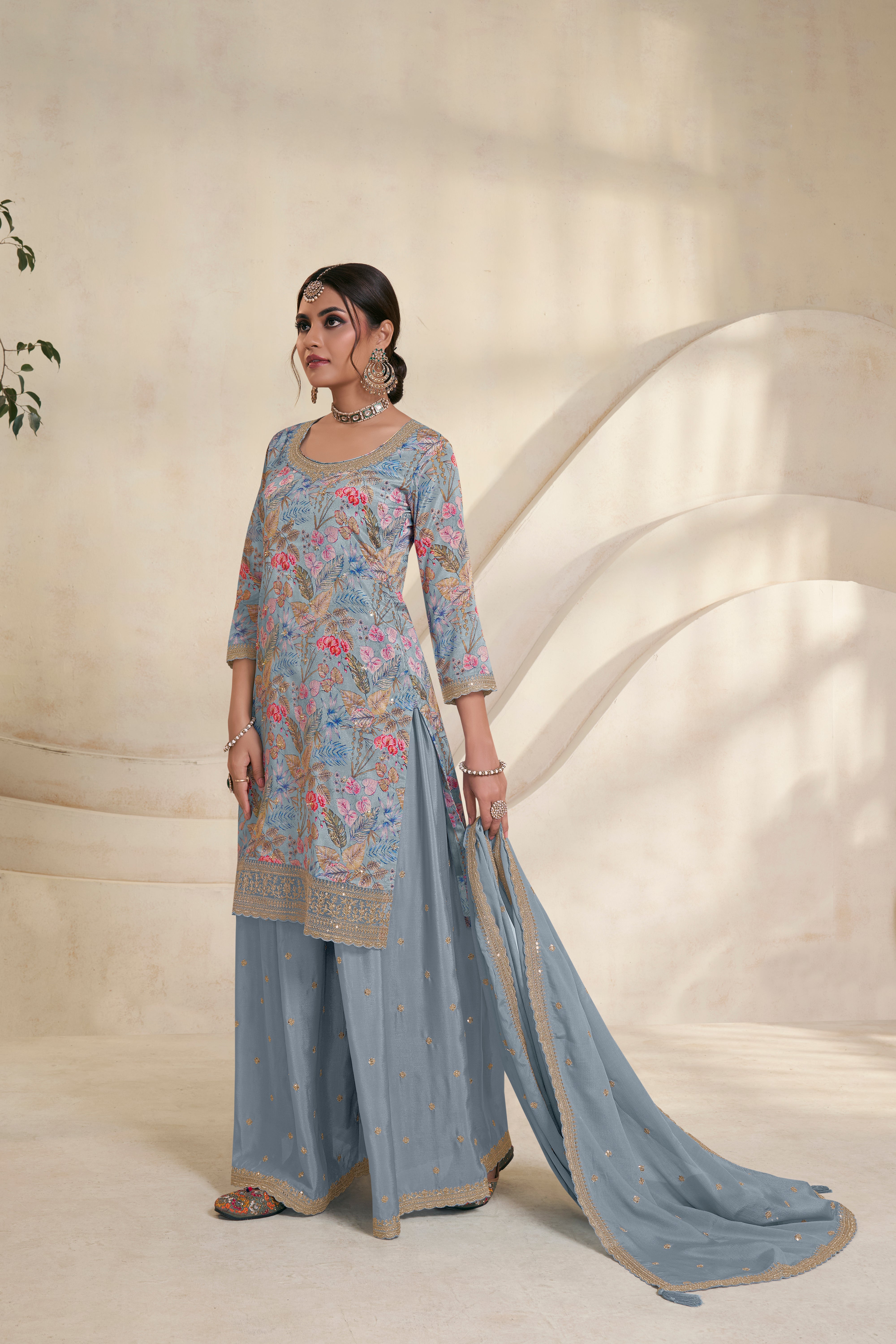 Light Blue Chinon Silk Kurta & Palazzo Set