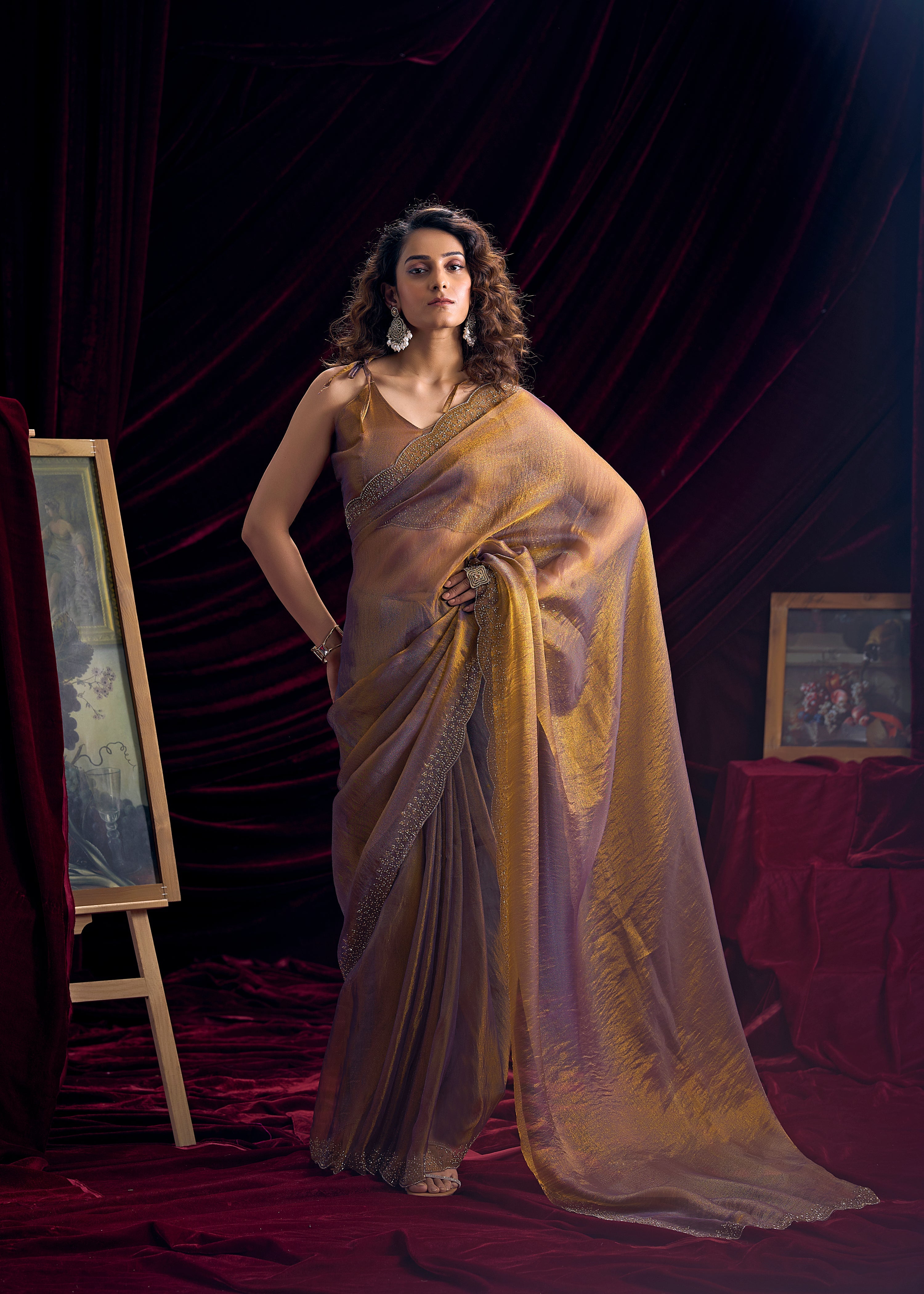 Copper Mauve Embellished Tissue Silk Saree